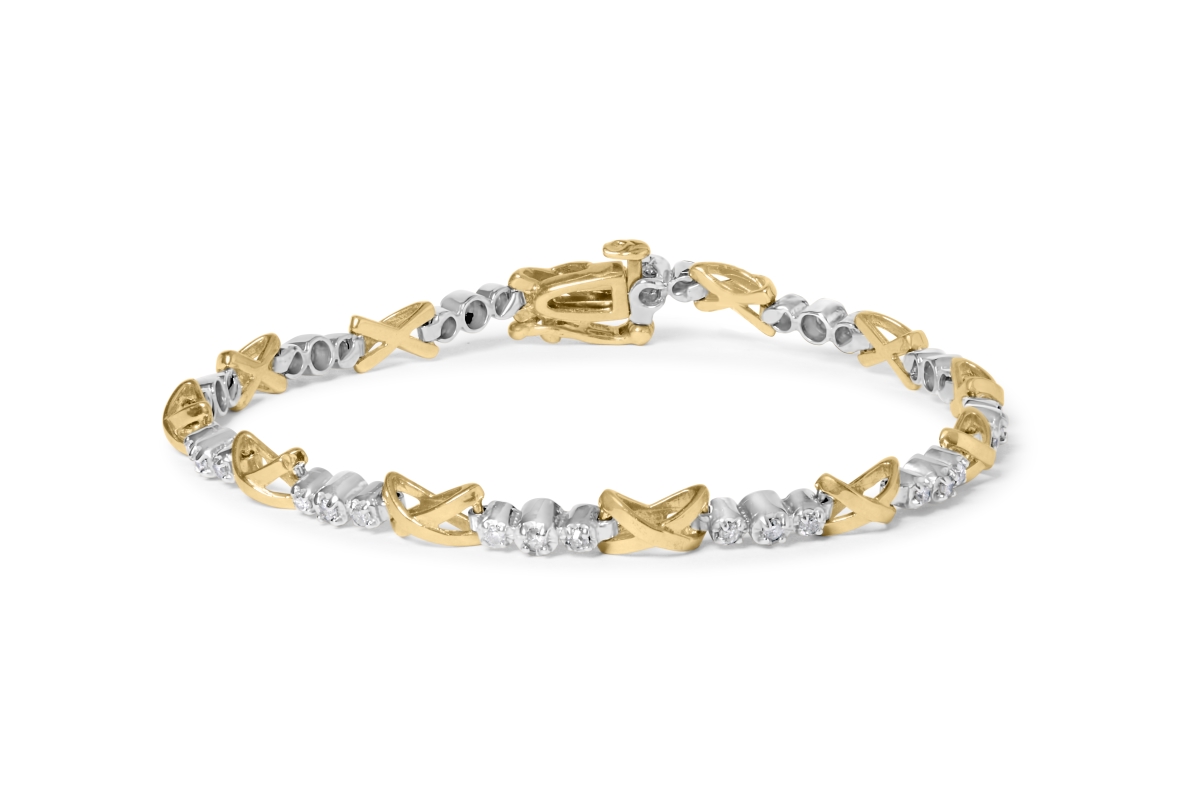 Picture of Infinite Jewels 61-5402TDM White & Yellow 10K Two-Tone Gold 0.50 CTTW Diamond Alternating 3 Stone & X-Link 7 in. Bracelet&#44; I-J Color - I2-I3 Clarity