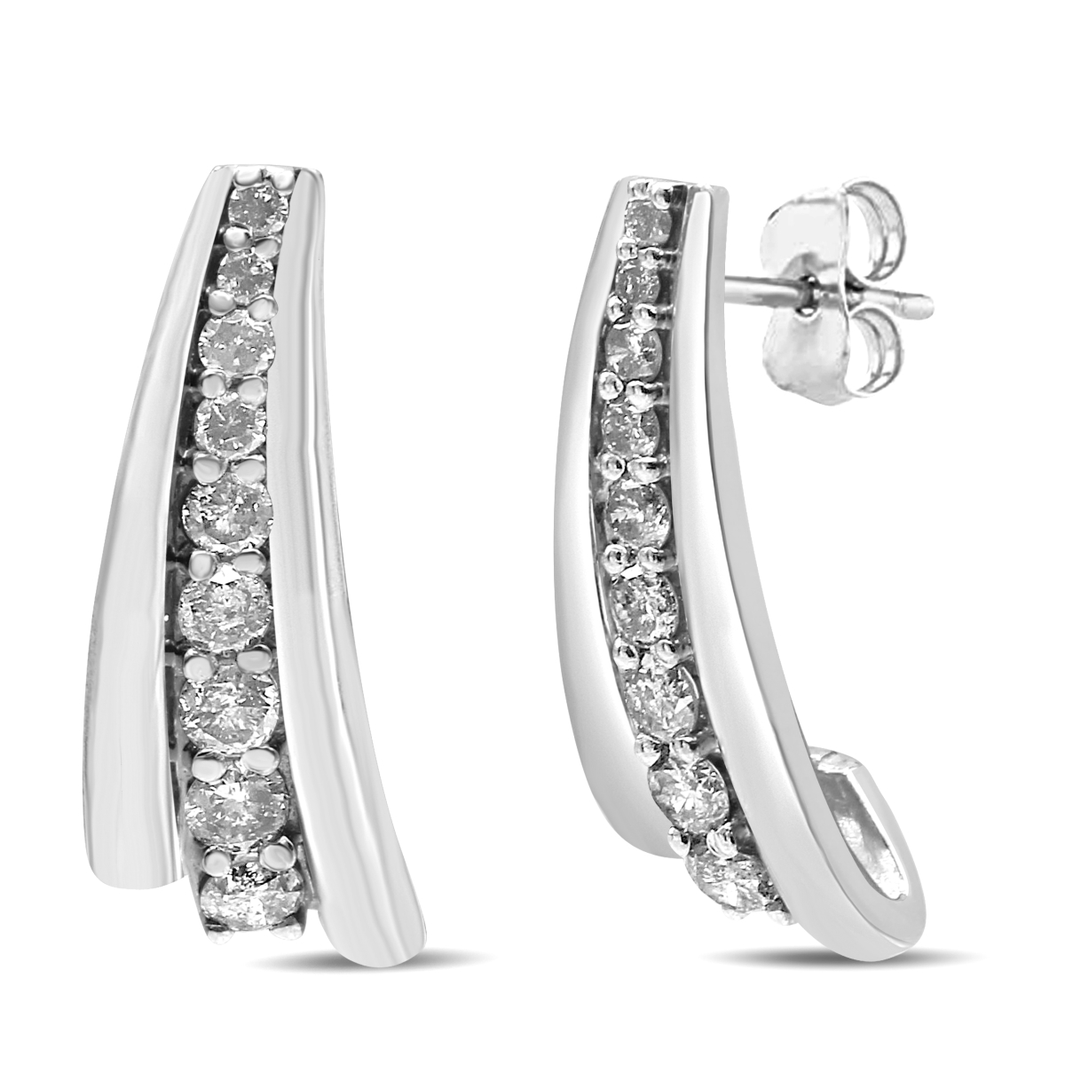 70-6199WDM White .925 Sterling Silver 1 CTTW Round Diamond Graduated Huggie Earrings, I2-I3 Clarity - I-J Color