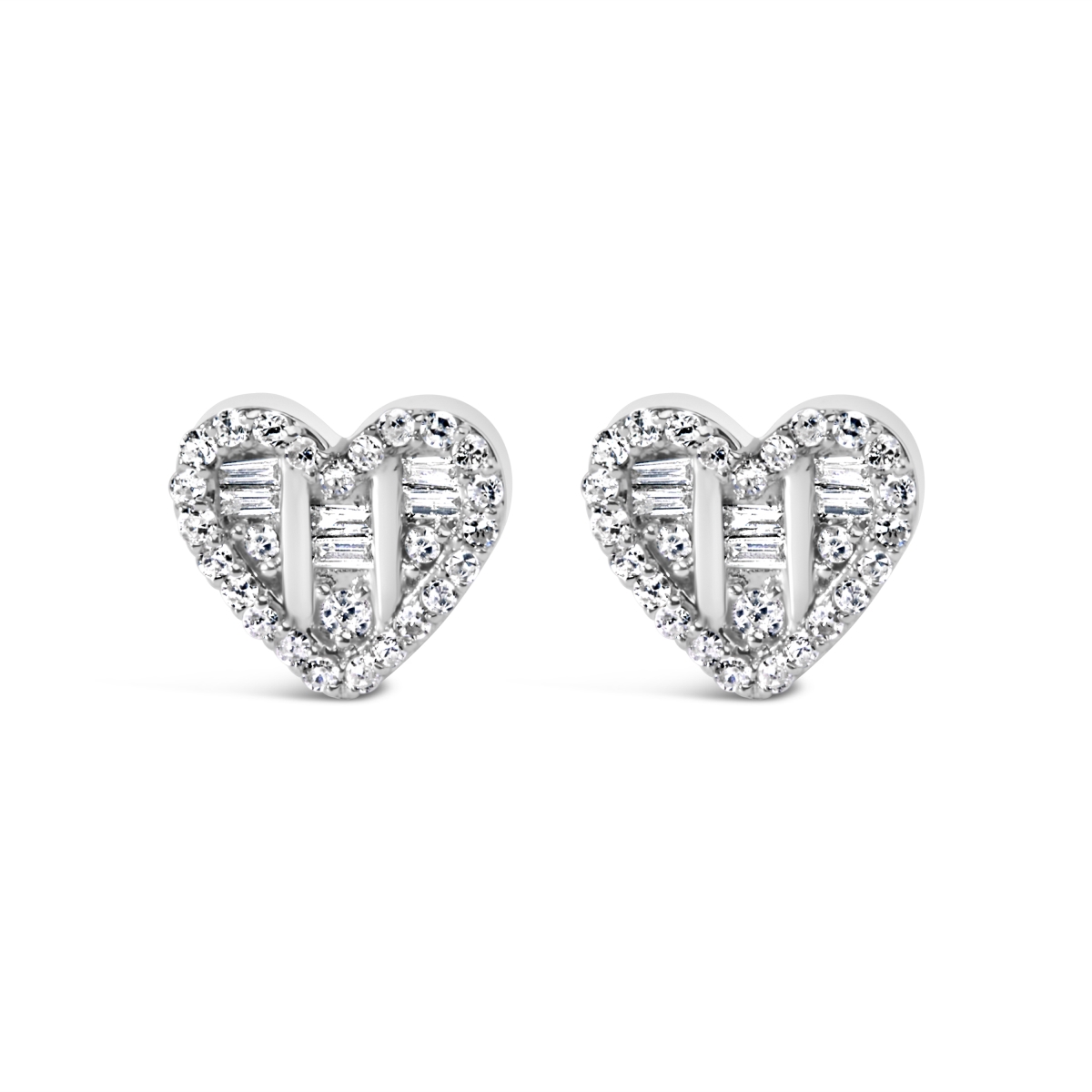 70-7579WDM White .925 Sterling Silver 0.50 CTTW Round & Baguette Diamond Composite Heart Shaped Stud Earring, I-J Color - SI2-I1 Clarity