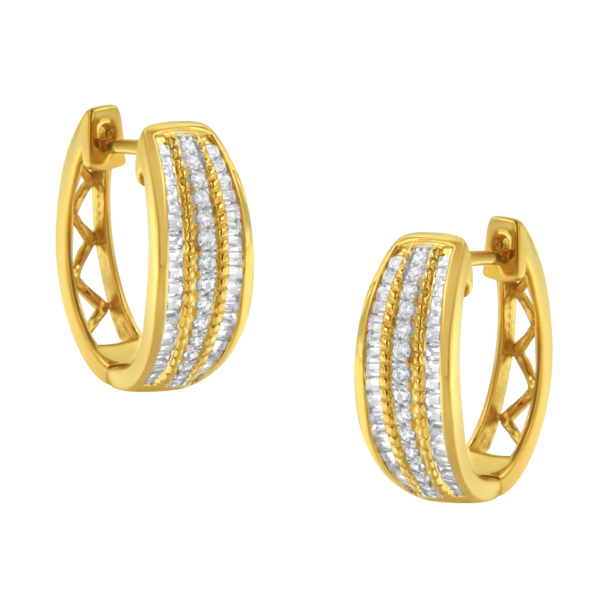 71-5033ZAL 10K Yellow Gold 0.75 CTTW Pave & Channel Set Diamond Triple Row Modern Hoop Earrings, I-J Color - I2-I3 Clarity
