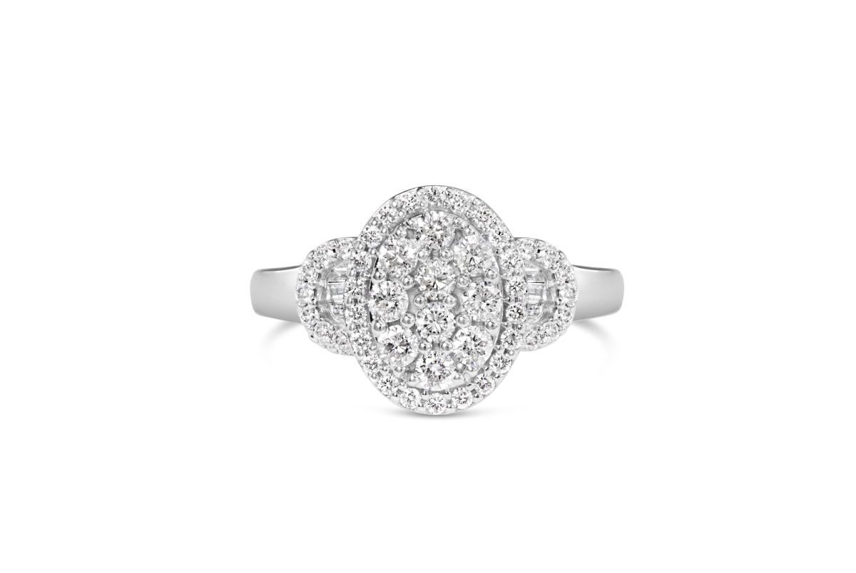 10K White Gold 1.0 CTTW Diamond Oval Cluster with Halo Vintage-Inspired Art Deco Buckle Style Statement Ring, G-H Color - SI1-SI2 Clarity - Size 7