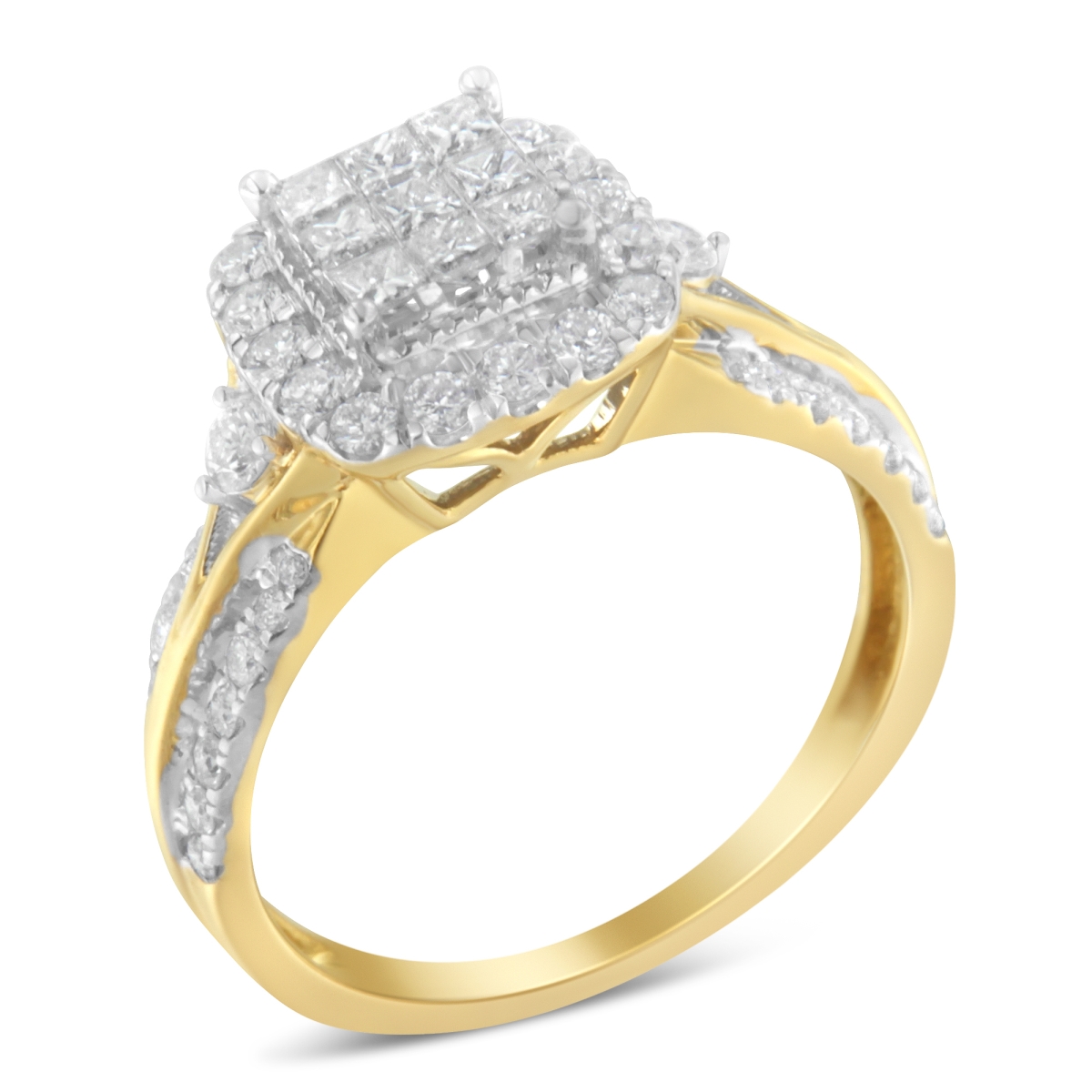 10K Yellow Gold 1.0 CTTW Diamond Composite Cushion-Shape Halo 3-Band-Look Engagement Ring, H-I Color - SI1-SI2 Clarity - Size 7