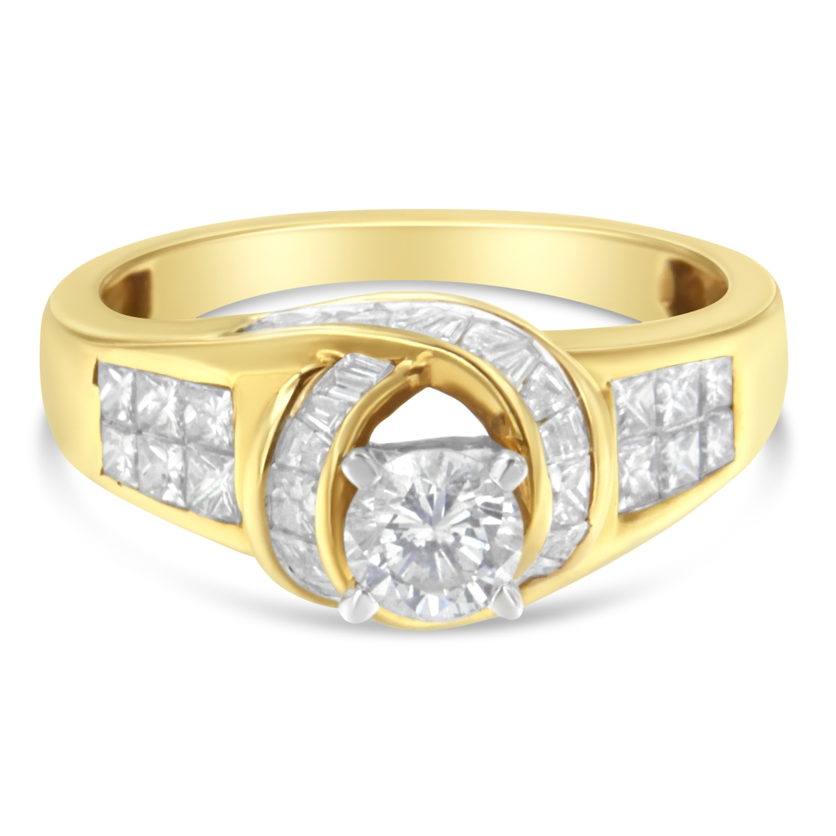 White & Yellow 14K Two-Toned Gold Round, Baguette & Princess Cut Diamond Ring, 1.12 CTTW - H-I Color - SI2-I1 Clarity - Size 6.50