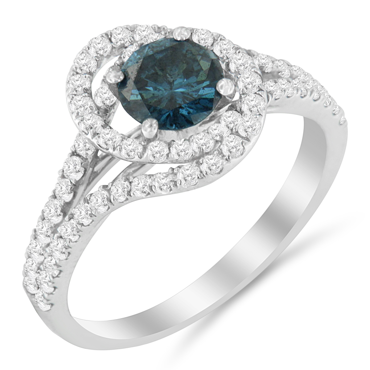 14K White Gold 1.3 CTTW White & Blue Diamond Interweaving Double Halo Cocktail Statement Ring, G-H & Fancy Blue Color - SI2-I1 Clarity - Size 6