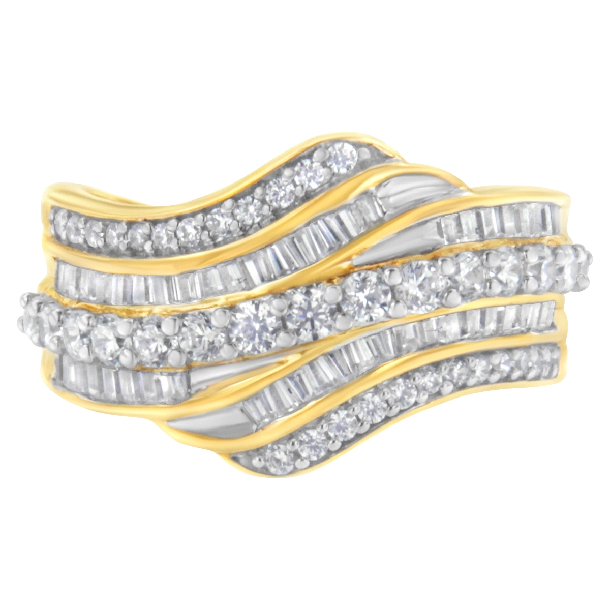 016565R800 10K Yellow Gold 1.0 CTTW Baguette & Round Diamond Multi-Row Wave Bypass Ring, Color - Clarity - Size 8