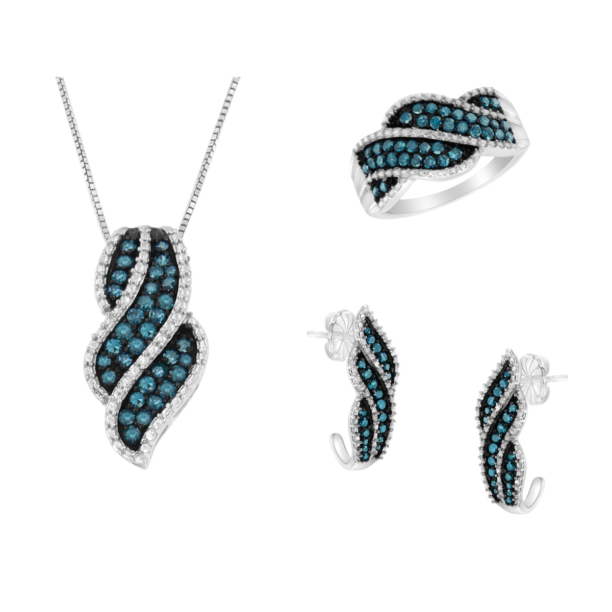 Picture of Infinite Jewels 016872SWBD White RhodiumOver .925 Sterling Silver 1.50 CTTW Blue Diamond Pave Ring&#44; 18 in. Pendant Necklace&#44; & Earrings Set&#44; Enhanced Color - I1-I2 Clarity - Size 7