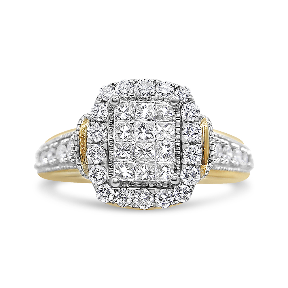 14K Yellow & White Gold 1.00 CTTW Princess & Round Cut Emerald Shaped Halo Diamond Cluster Ring, SI1-SI2 Clarity - H-I Color - Size 7