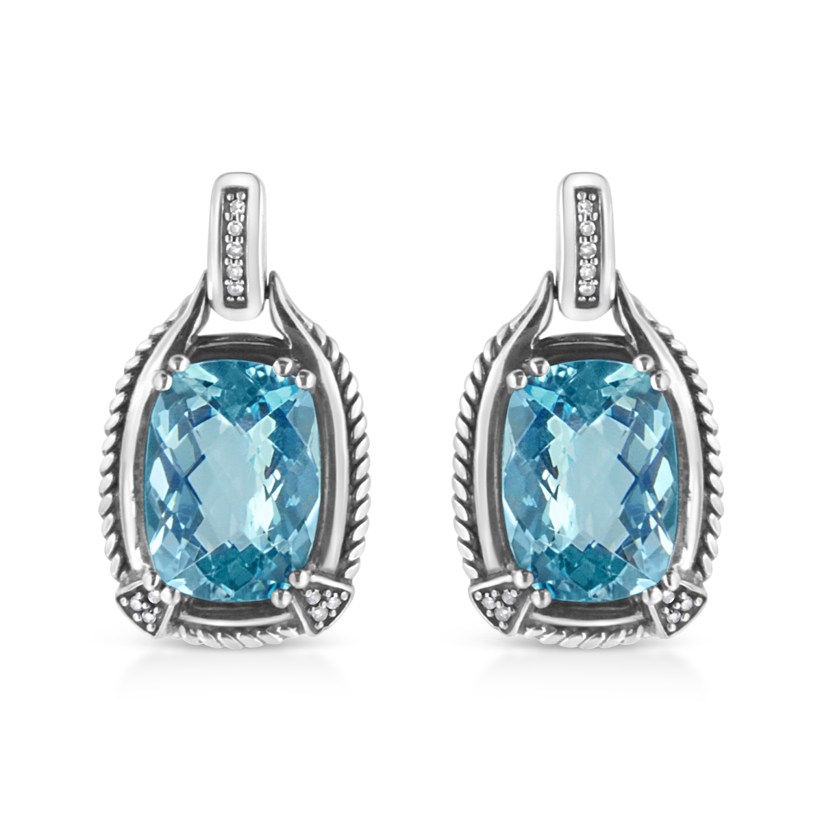 018404EASH White .925 Sterling Silver 14 x 10 mm Cushion Cut Blue Topaz Gemstone & Diamond Accent Dangle Earring, I-J Color - I1-I2 Clarity