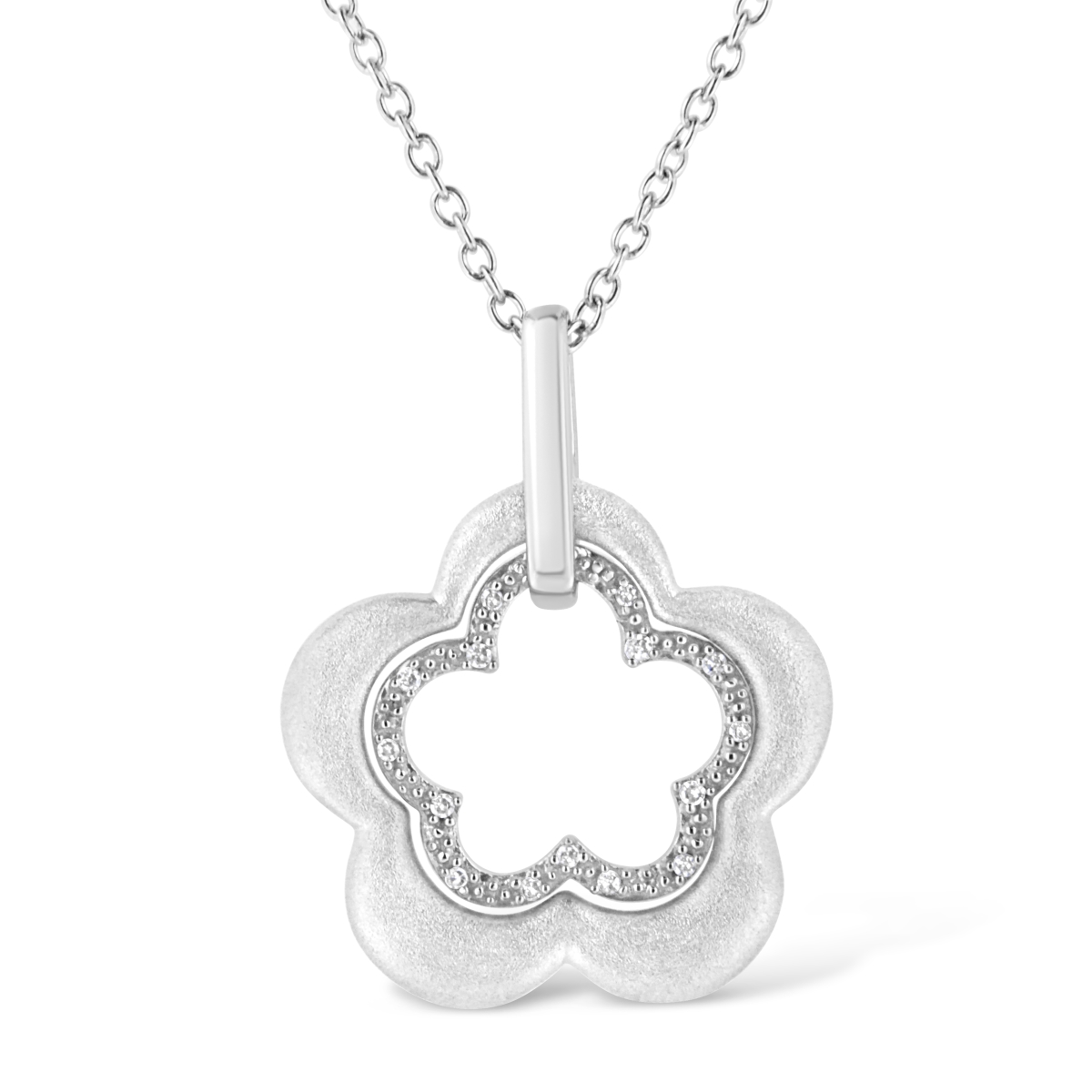 White Matte Finished .925 Sterling Silver Diamond Accent Double Flower Shape 18 in. Satin Finished Pendant Necklace, I-J Color - I1-I2 Clarity