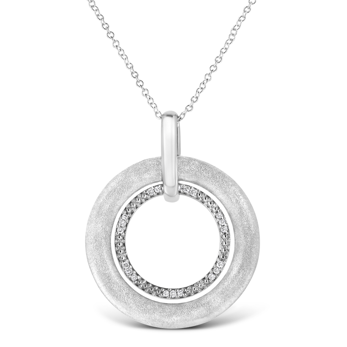 White .925 Sterling Silver Prong-Set Diamond Accent Satin Finished Double Circle 18 in. Pendant Necklace, I-J Color - I1-I2 Clarity