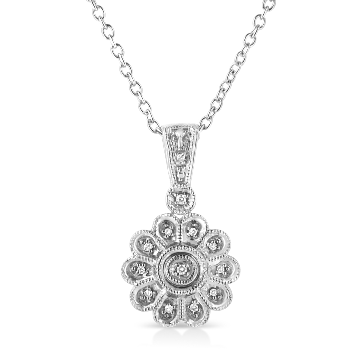 018422NASH White .925 Sterling Silver Diamond Accent Sunburst Milgrain 18 in. Pendant Necklace, I-J Color - I1-I2 Clarity
