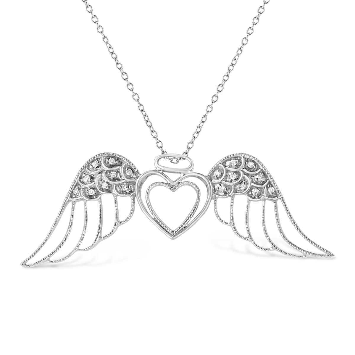 018426NASH White .925 Sterling Silver Pave-Set Diamond Accent Angel Wing 18 in. Double Heart Pendant Necklace, I-J Color - I1-I2 Clarity