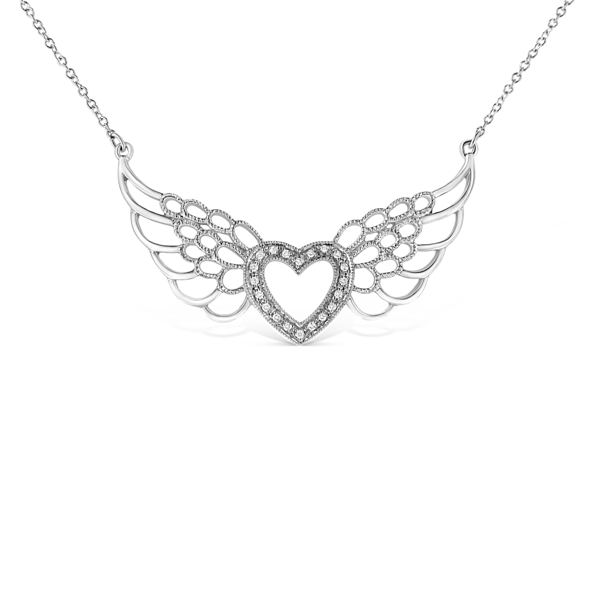018427NASH White .925 Sterling Silver Pave-Set Diamond Accent Fairy Wing 18 in. Heart Pendant Necklace, I-J Color - I1-I2 Clarity