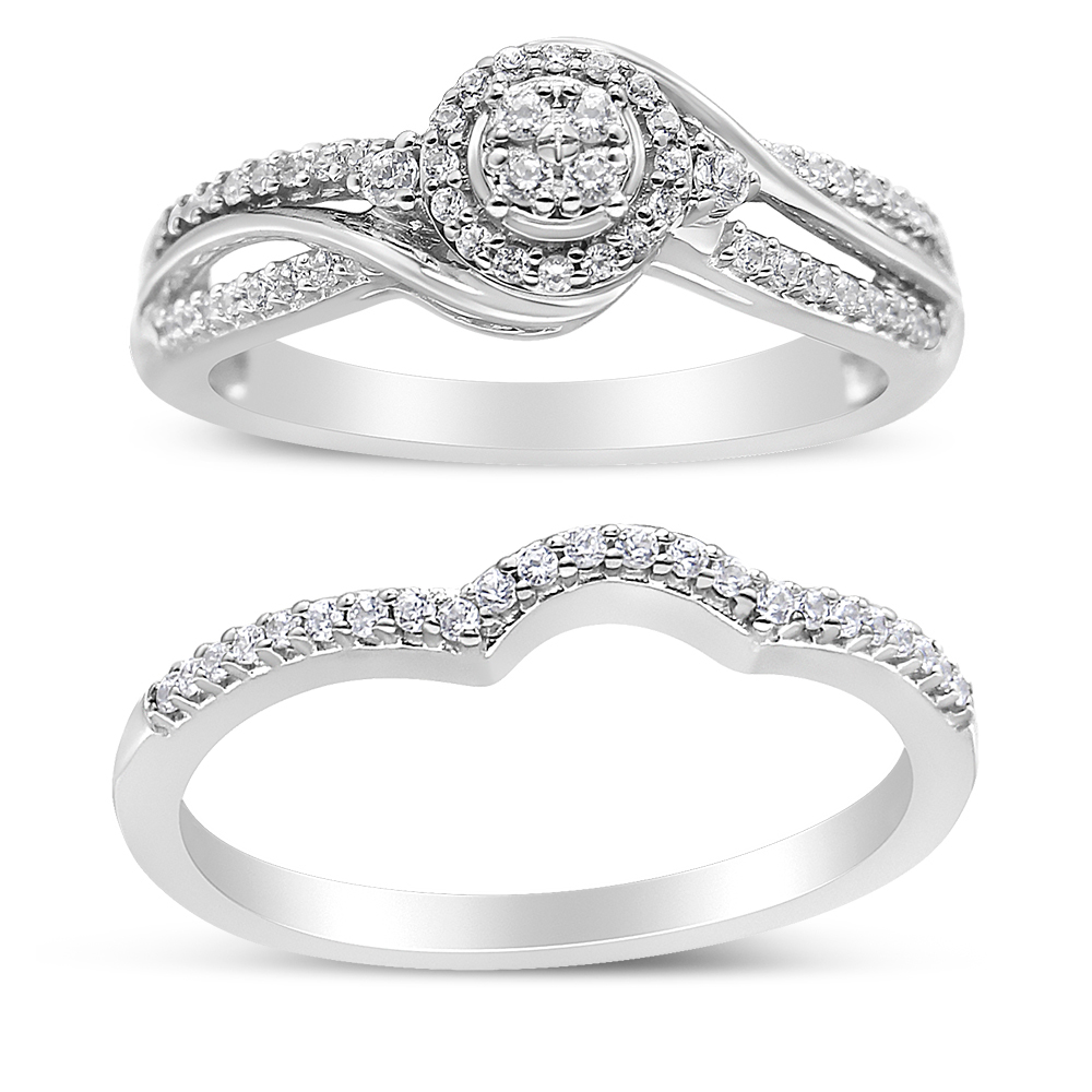 021474R110 White .925 Sterling Silver 0.33 CTTW Composite Diamond Frame Bypass Bridal Set Ring & Band, I-J Color - I2-I3 Clarity - Ring Size 11