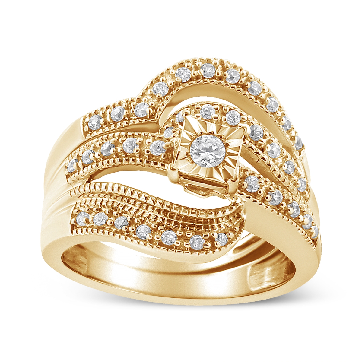 14K Yellow Gold Plated .925 Sterling Silver 0.33 CTTW Round Diamond Crisscross Engagement Ring Bridal Set, H-I Color - I1-I2 Clarity - Size 9