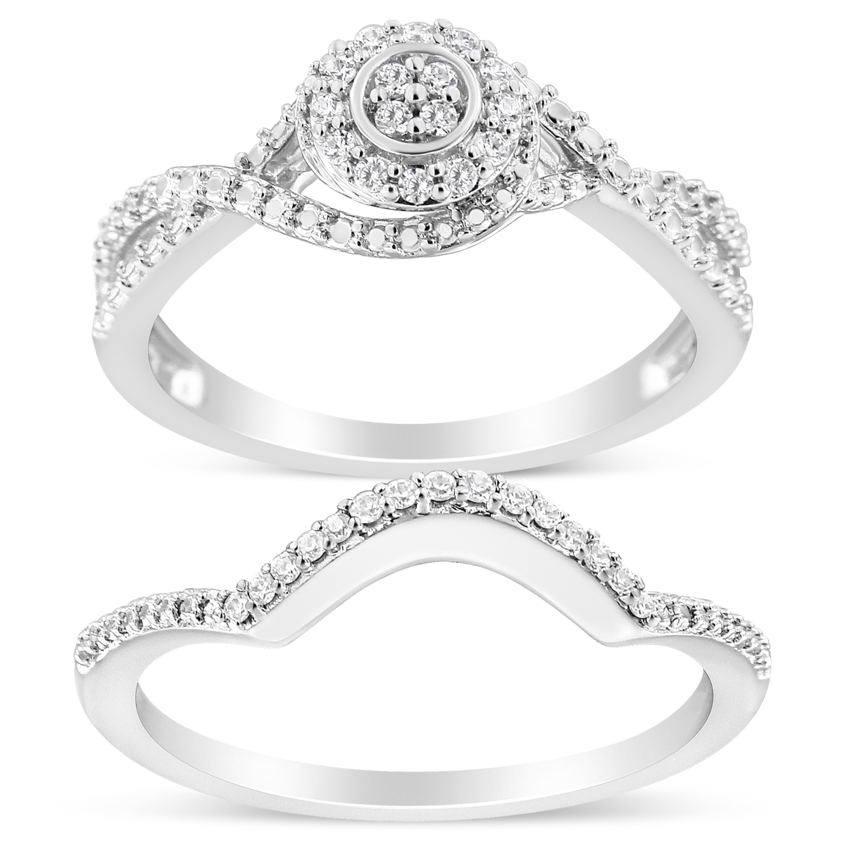 021488R110 White .925 Sterling Silver 0.15 CTTW Diamond Composite Halo & Split Shank Bridal Set Ring & Band, I-J Color - I3 Clarity - Size 11