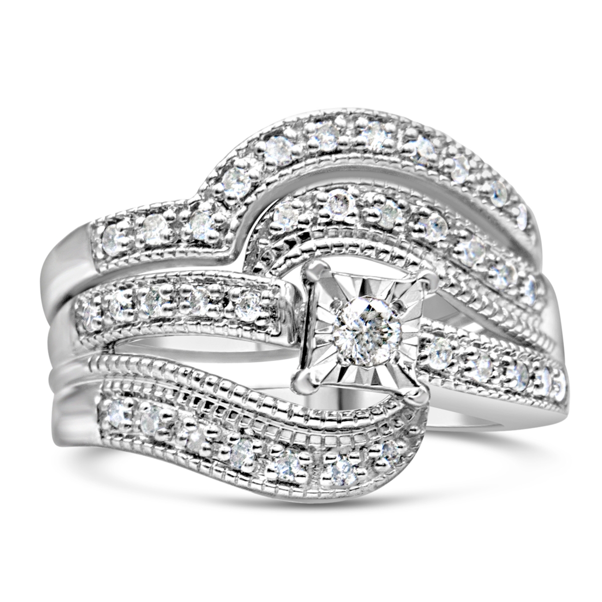 021516R110 White .925 Sterling Silver 0.33 CTTW Round Diamond Crisscross Engagement Ring Bridal Set, H-I Color - I1-I2 Clarity - Size 11