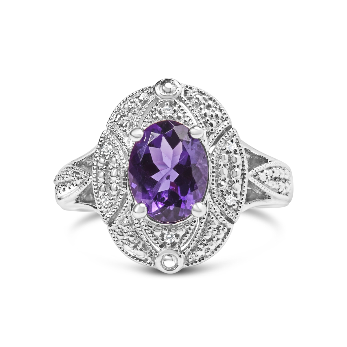 White .925 Sterling Silver 9 x 7 mm Oval Purple Amethyst & Diamond Accent Art Deco Style Cocktail Ring, I-J Color - I1-I2 Clarity - Size 7