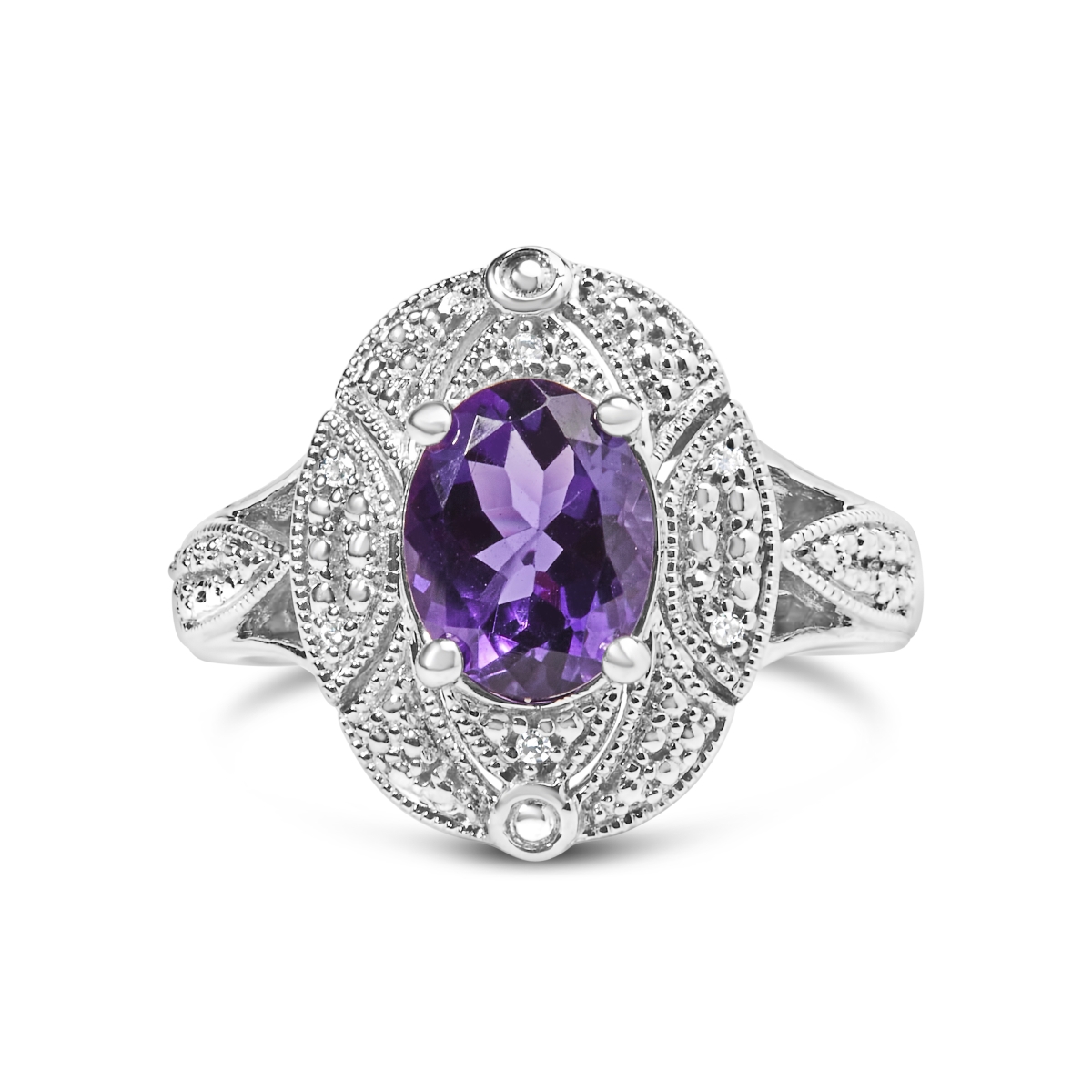 Picture of Infinite Jewels 021839R500 White .925 Sterling Silver 9 x 7 mm Oval Purple Amethyst & Diamond Accent Art Deco Style Cocktail Ring&#44; I-J Color - I1-I2 Clarity - Size 5