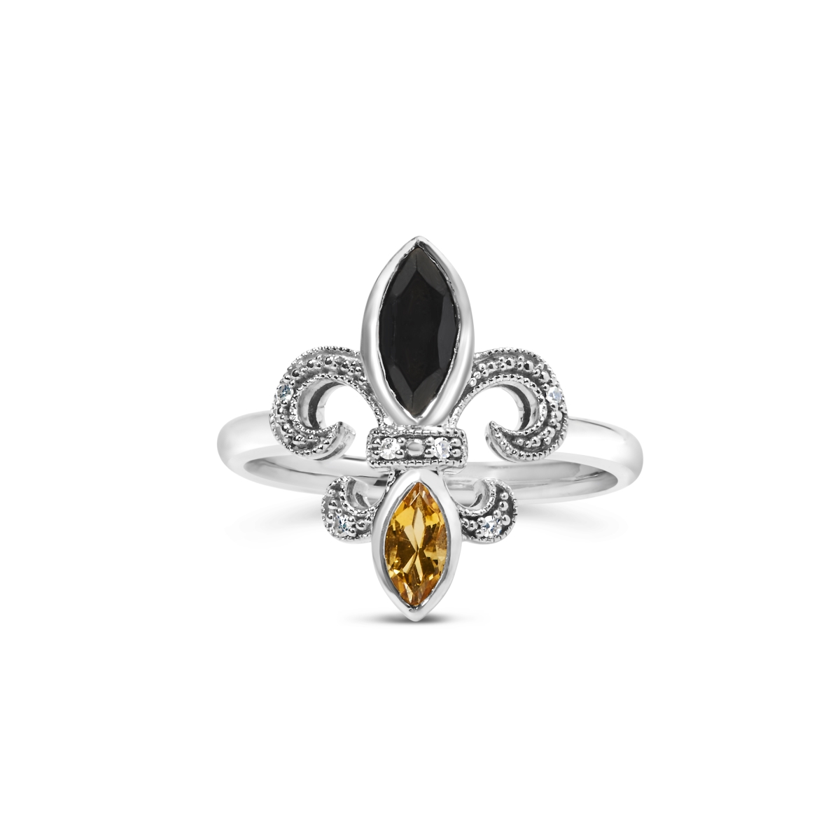 White .925 Sterling Silver Black Onyx & Orange Citrine Marquise & Diamond Accent Fleur De Lis Ring, H-I Color - SI1-SI2 Clarity - Size 8