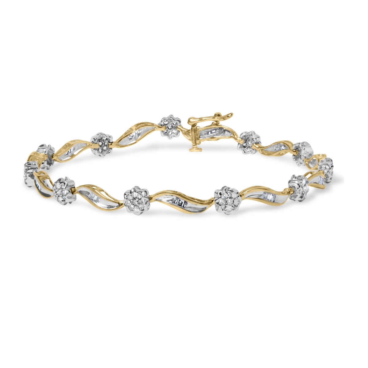 Picture of Infinite Jewels 61-7338TDM 10K Yellow & White Gold 1.00 CTTW Round-Cut & Baguette-Cut Diamond Floral S-Link 7 in. Bracelet&#44; I-J Color - I1-I2 Clarity