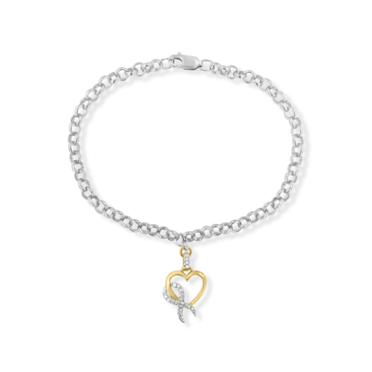 Picture of Infinite Jewels 61-7791TDM Two-Toned 10K Yellow Gold 0.1 CTTW Diamond Awareness Ribbon & Heart Charm on 7 in. .925 Sterling Silver Rolo Bracelet&#44; H-I Color - I1-I2 Clarity