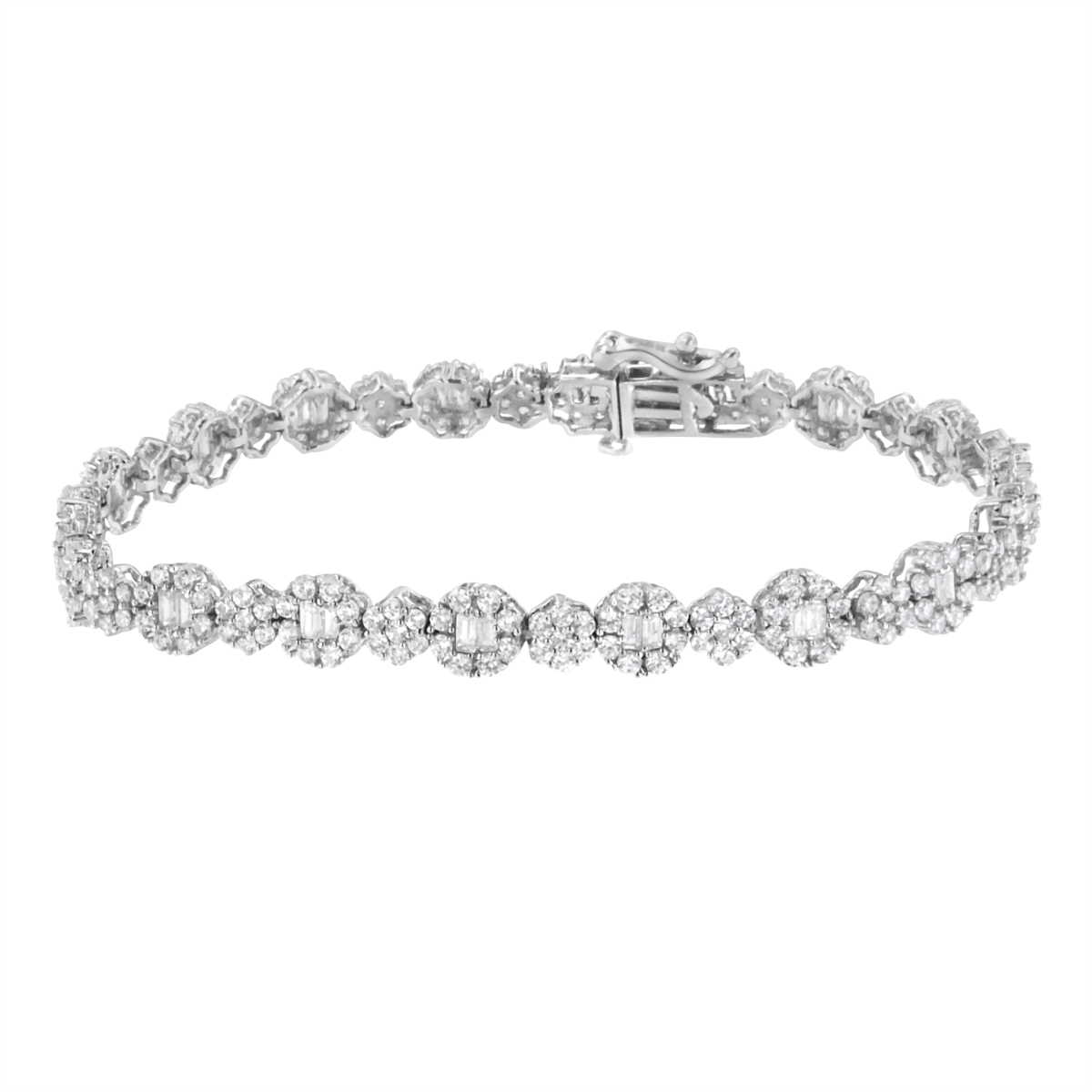 61-8109WDM 10K White Gold 4.0 CTTW Brilliant Round-cut & Baguette Diamond Floral Cluster Link Bracelet, I-J Clarity - I1-I2 Color - Size 7 in.