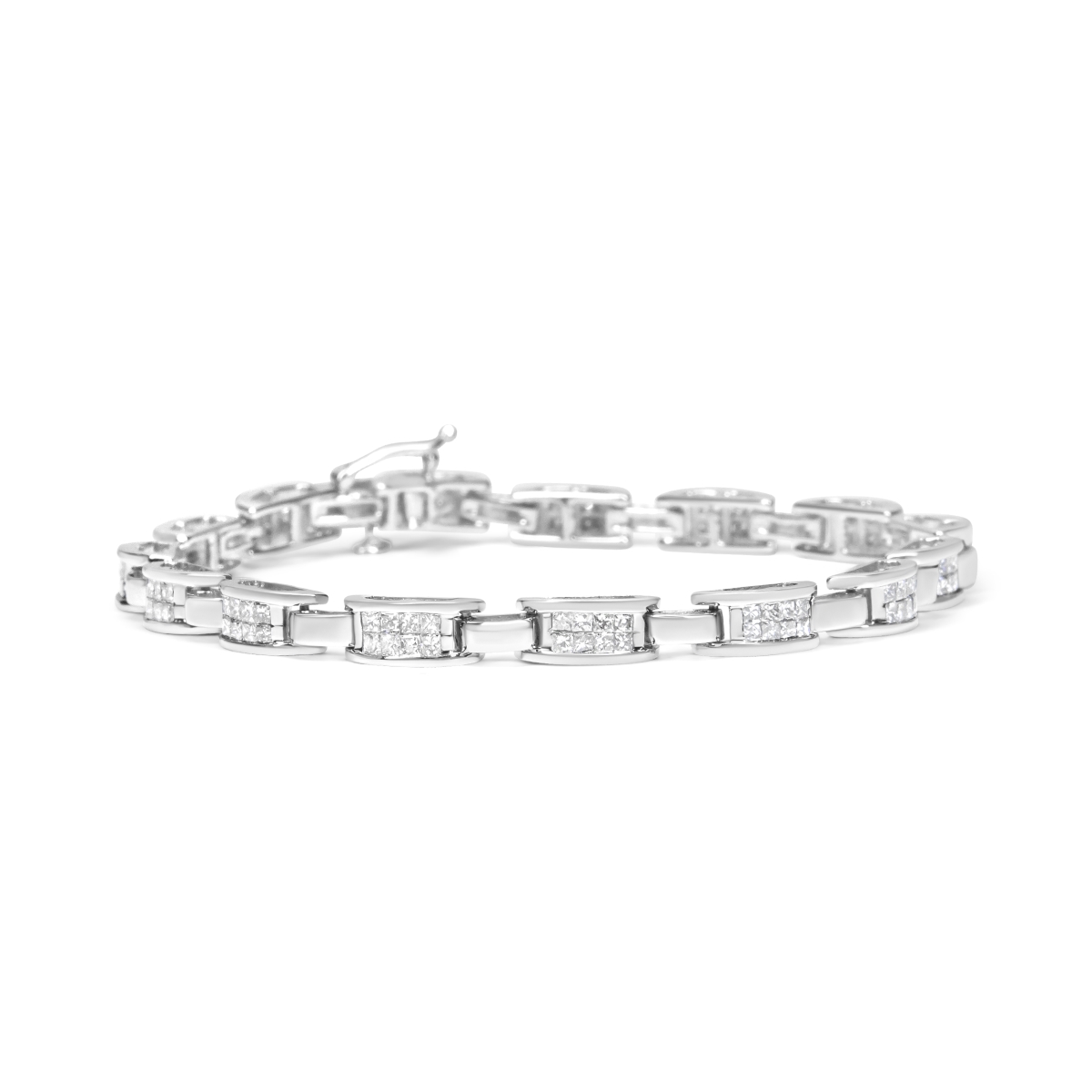 14K White Gold 2.0 CTTW Princess Cut Invisible Set Diamond Rectangular Link Bracelet, I-J Color - I1-I2 Clarity - 7.25 in.