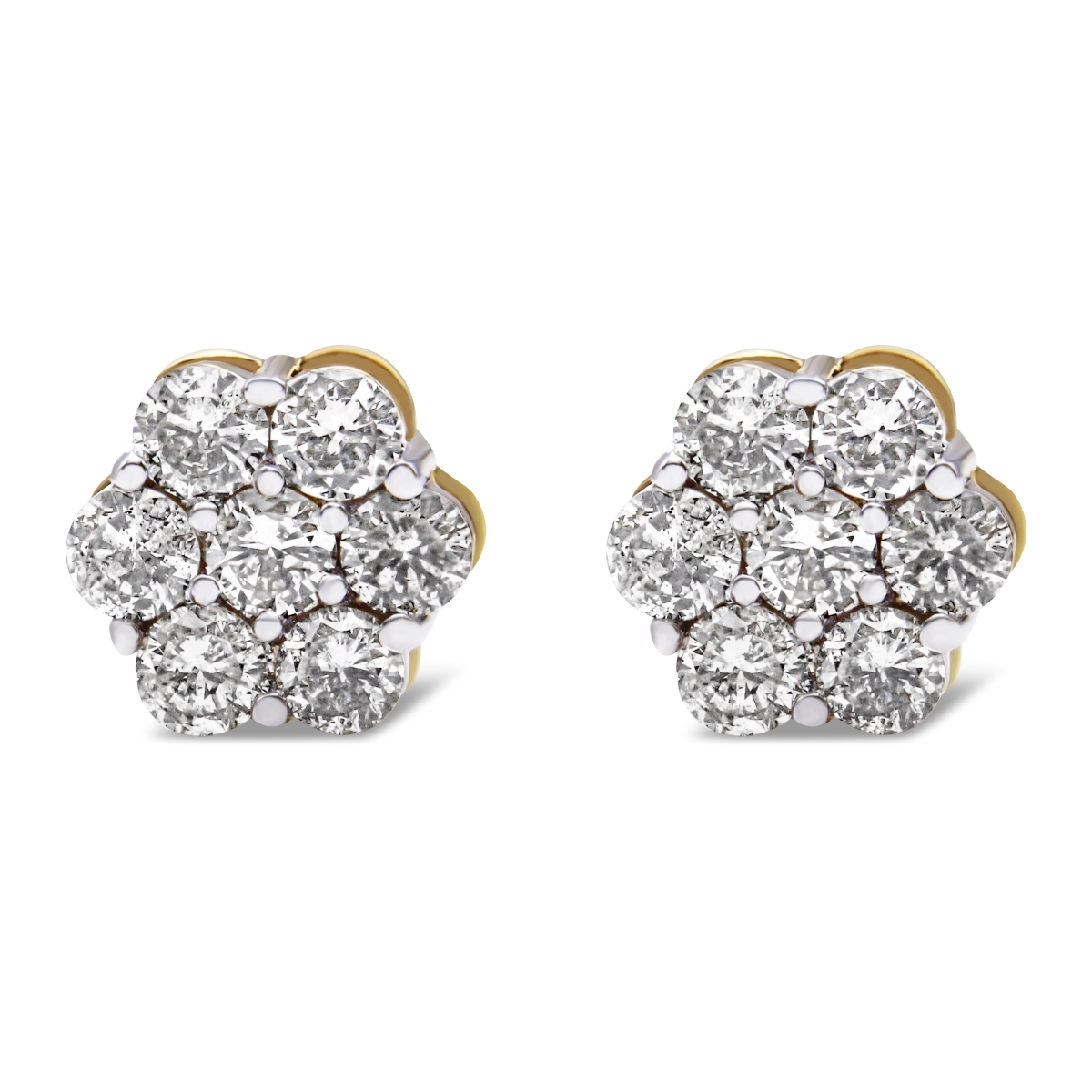 14K Yellow Gold 2.0 CTTW Diamond Floral Cluster Stud Earring with Screw Back, H-I Color - SI1-SI2 Clarity