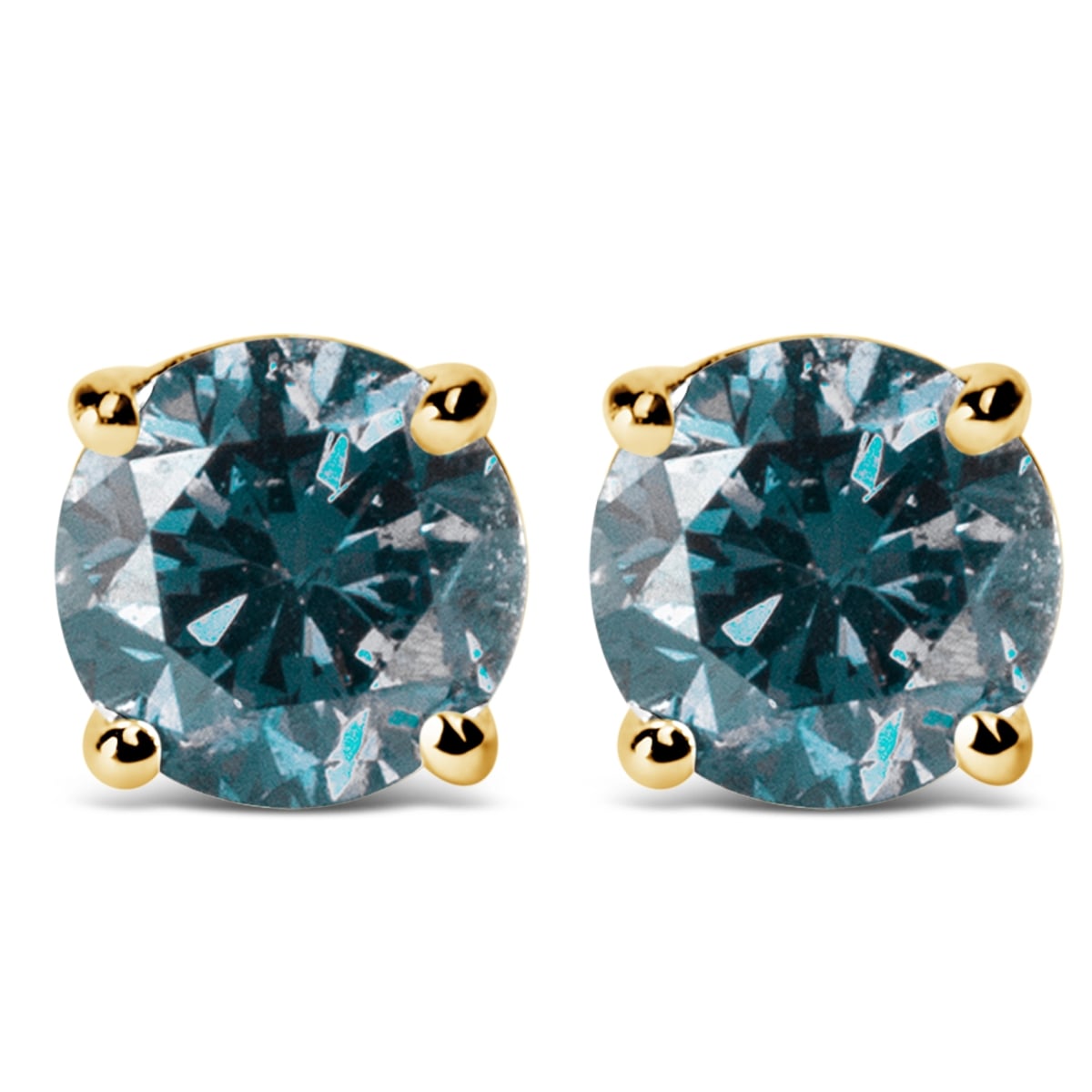 14K Yellow Gold 0.50 CTTW Round Brilliant Cut Lab Grown Blue Diamond 4-Prong Classic Solitaire Stud Earrings, Blue Color - VVS2-VS1 Clarity