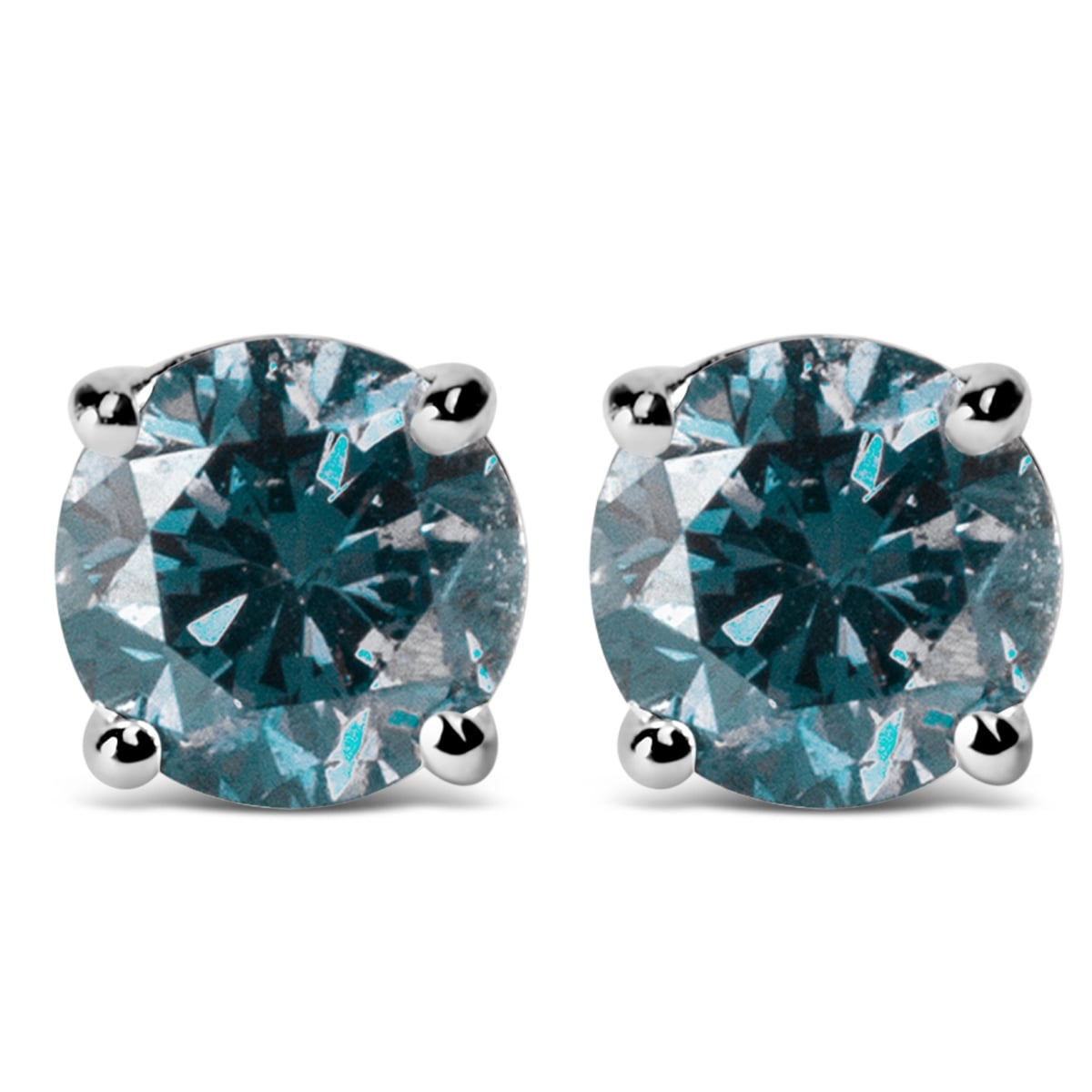 14K White Gold 1.0 CTTW Round Brilliant Cut Lab Grown Blue Diamond 4-Prong Classic Solitaire Stud Earrings, Blue Color - VVS2-VS1 Clarity
