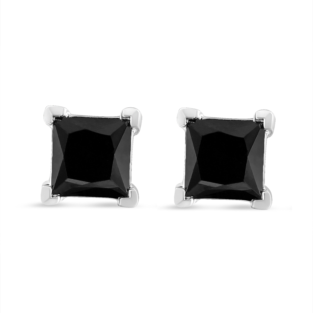 14K White Gold 2.00 CTTW Princess-Cut Treated Black Diamond Classic 4-Prong Stud Earrings with Screw Backs, Fancy Color-Enhanced - I2-I3 Clarity