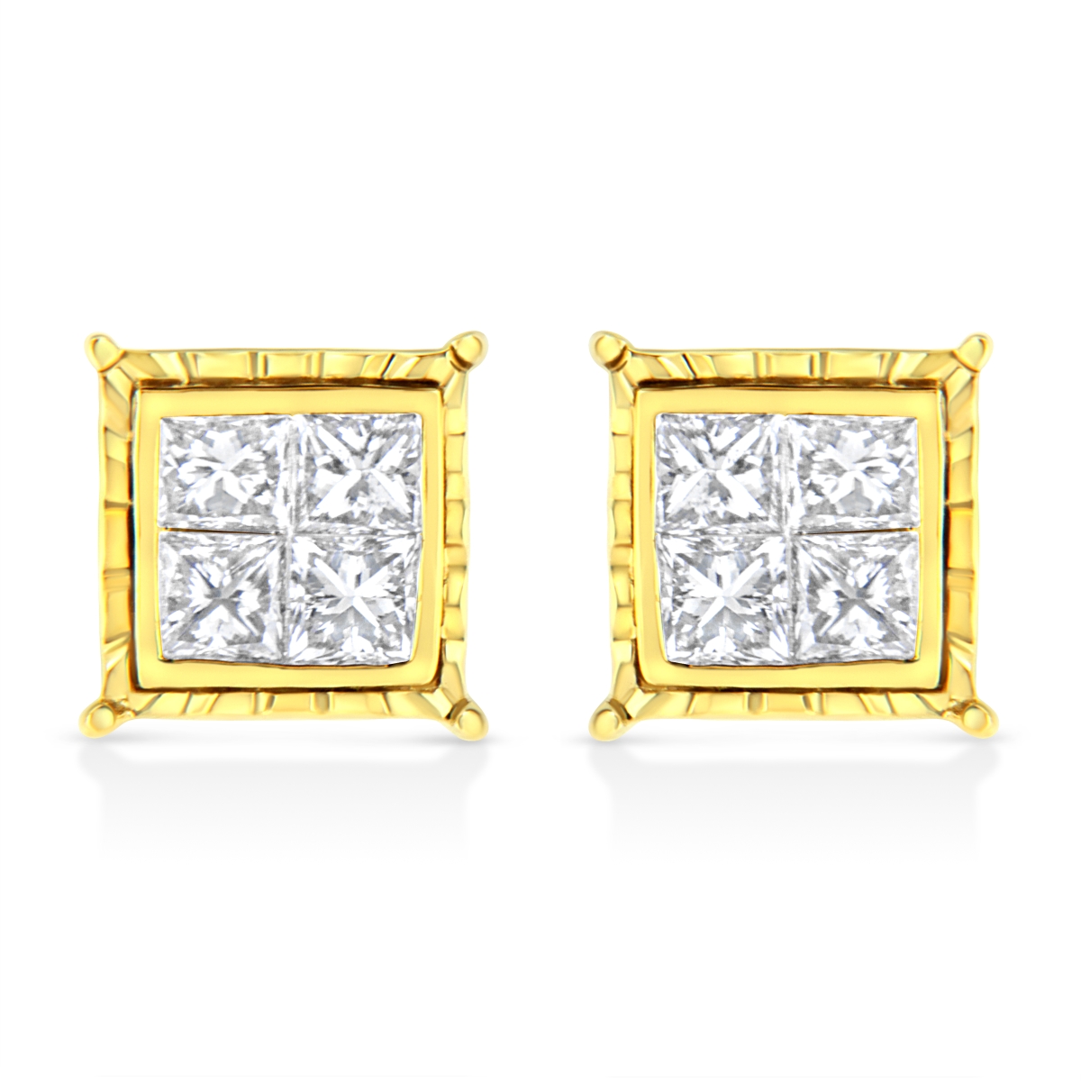 74-6094YDM 14K Yellow Gold 1.0 CTTW Invisible Set Princess-Cut Diamond Composite 8 Stone Stud Earrings, I-J Color - SI1-SI2 Clarity