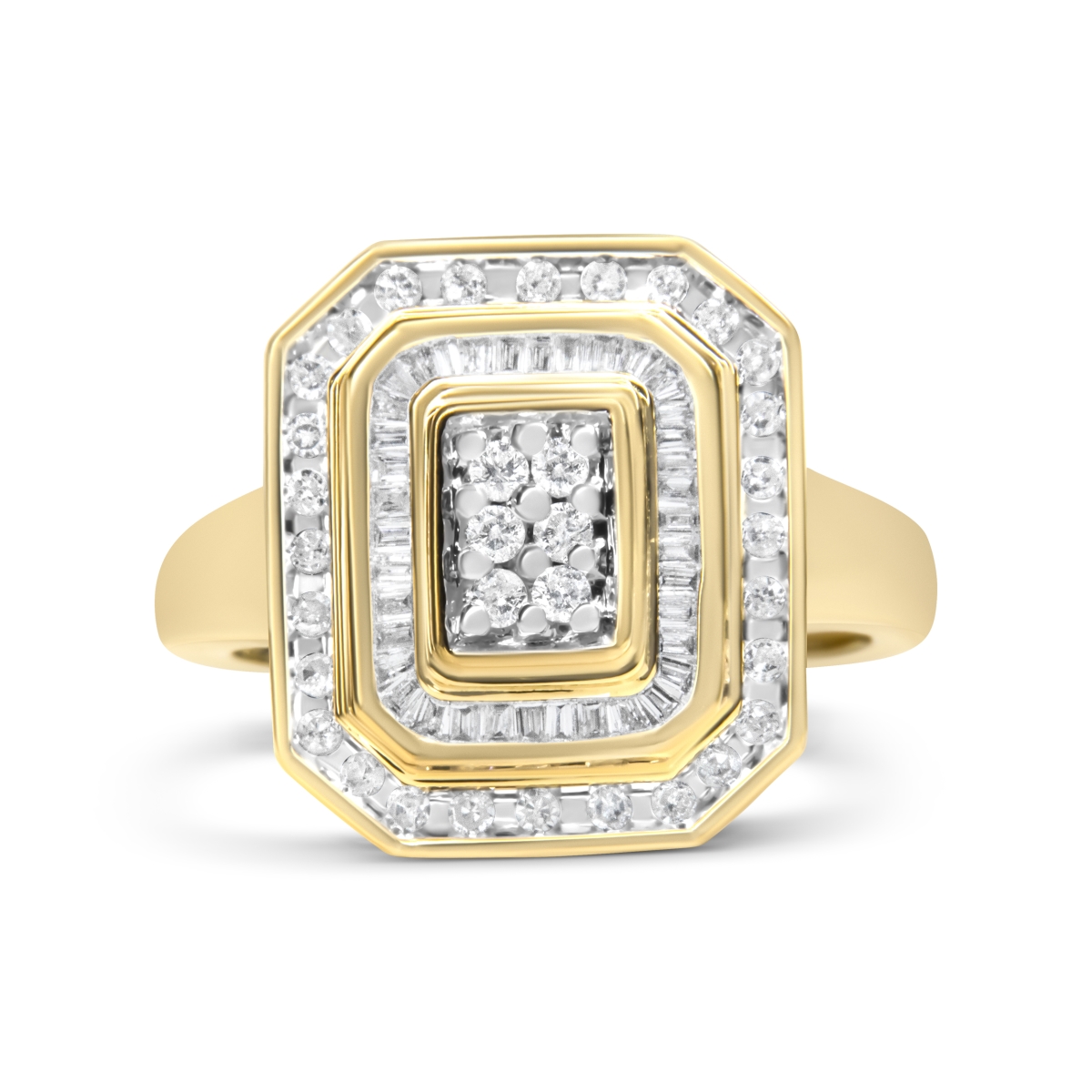10K Yellow Gold 1.0 CTTW Diamond Vintage Inspired Baguette-Cut Double Halo Emerald-Shaped Frame Cocktail Ring, I-J Color - I1-I2 Clarity - Size 8