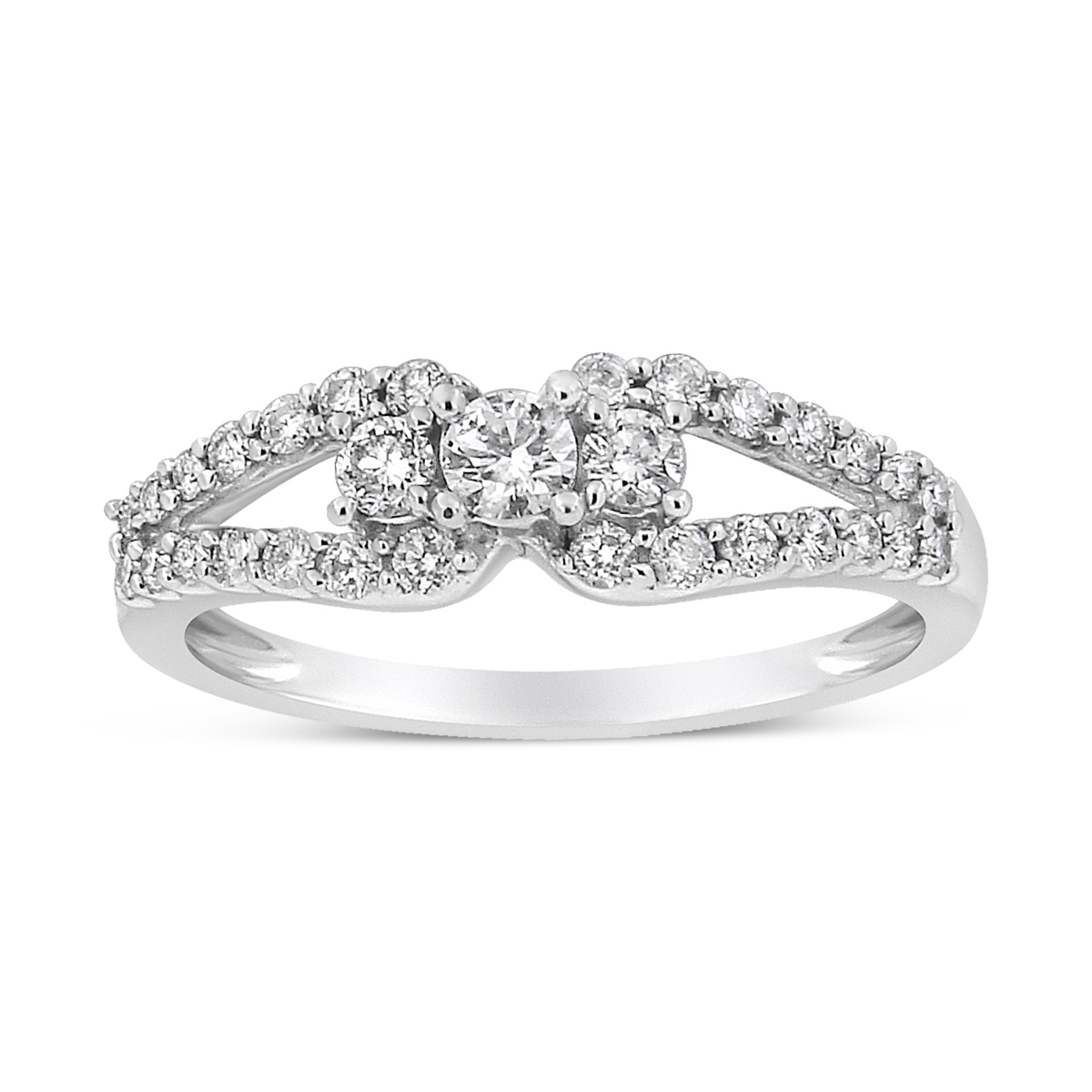 10K White Gold 0.50 CTTW Round Cut Diamond Three Stone Split Shank Band Ring, H-I Color - SI1-SI2 Clarity - Size 6