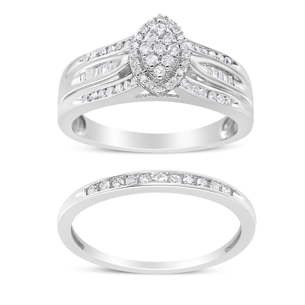 016954R600 White .925 Sterling Silver 0.50 CTTW Round & Baguette-Cut Diamond Engagement Bridal Set, I-J Color - I1-I2 Clarity - Size 6