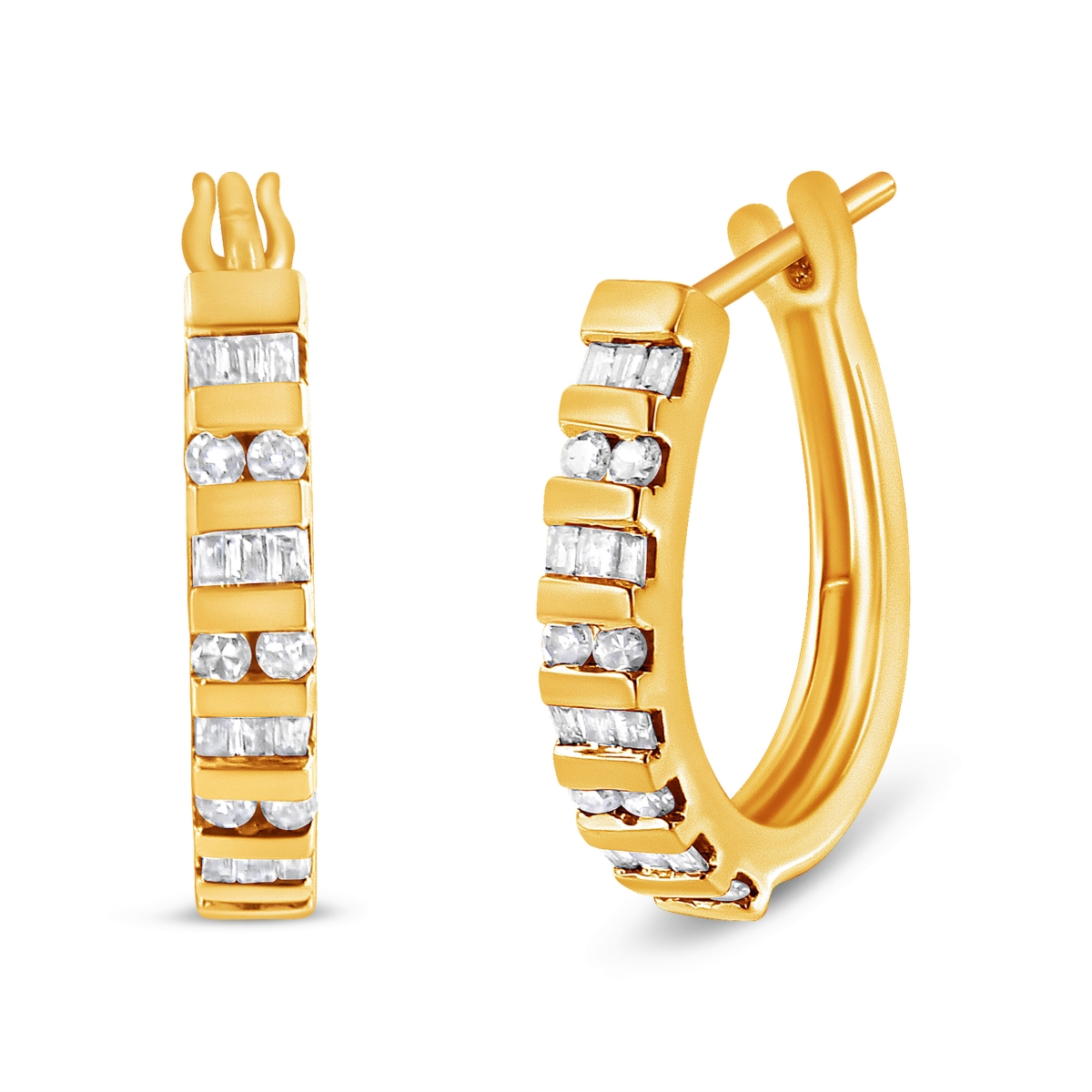 016967EYDM 10K Yellow Gold 1.0 CTTW Round & Baguette-Cut Diamond Hoop Earrings, I-J Color - I2-I3 Clarity