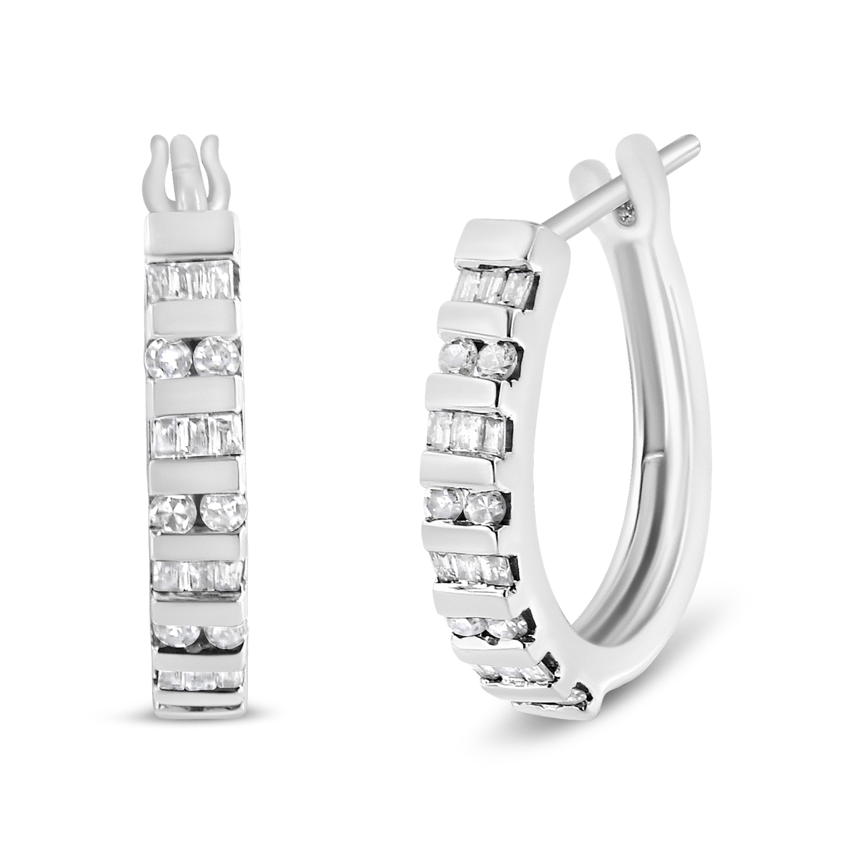10K White Gold 1.0 CTTW Round & Baguette-Cut Diamond Hoop Earrings, I-J Color - I2-I3 Clarity