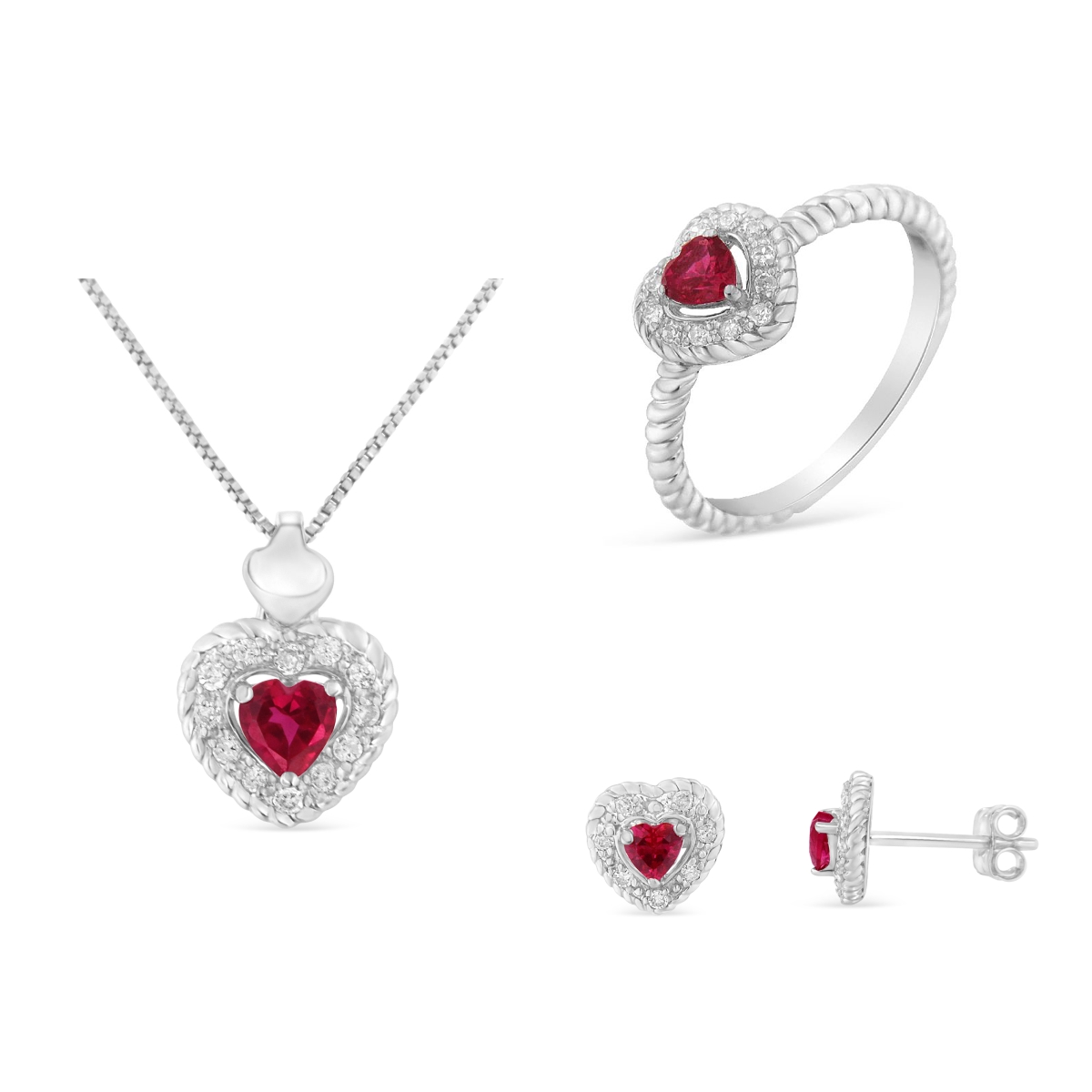 Picture of Infinite Jewels 017024SWRU White .925 Sterling Silver&#44; CTTW Lab-Created Ruby&#44; 0.25 CTTW Diamond Heart Ring&#44; Earrings&#44; & Pendant Necklace Set&#44; I-J Color - I2-I3 Clarity - Size 6
