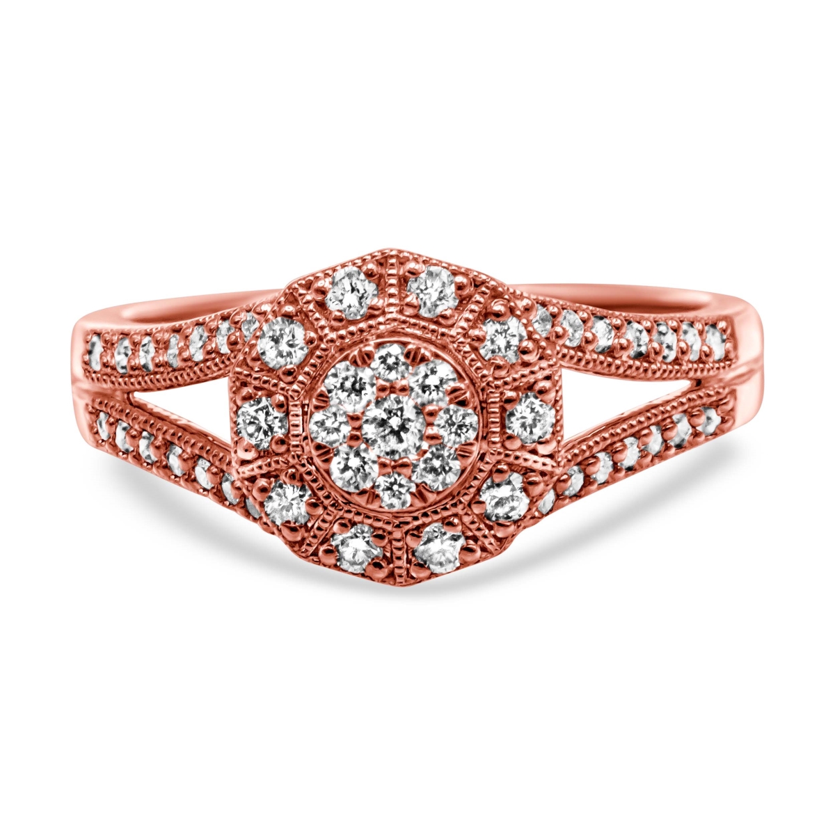 14K Rose Gold Plated .925 Sterling Silver 0.50 CTTW Pave Diamond Halo Cluster Split Shank Cocktail Ring, I-J Color - I1-I2 Clarity - Size 7