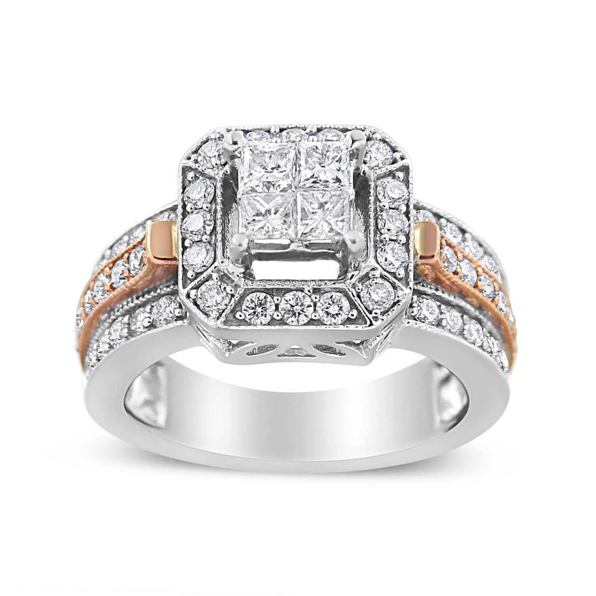 14K White & Rose Gold 1.125 CTTW Princess & Round-Cut Diamond Art Deco Style Triple Shank Halo Cocktail Ring, I-J Color - SI2-I1 Clarity - Size 7