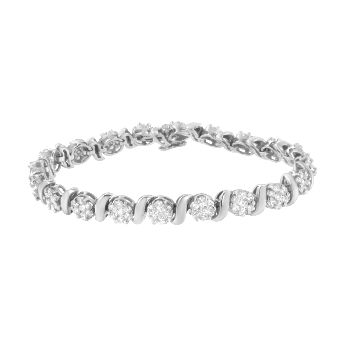 017111B700 14K White Gold 5.25 CTTW Diamond S-Link Floral Cluster Tennis Bracelet, I-J Clarity - SI2-I1 Color - Size 7 in.