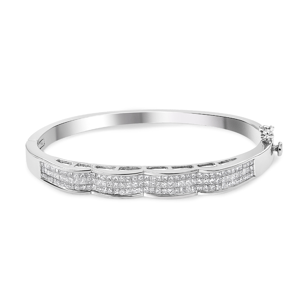 14K White Gold 3.3 CTTW Invisible Set Princess-Cut Diamond Wave Bangle Bracelet, H-I Color - SI1-SI2 Clarity - Size 7 in.