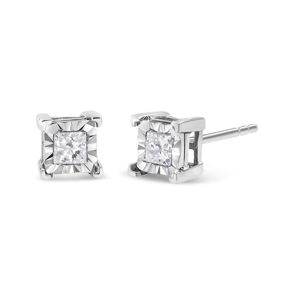 018699EWDM White .925 Sterling Silver 0.50 CTTW Miracle Set Princess-cut Diamond Solitaire Stud Earrings, I-J Color - SI1-SI2 Clarity