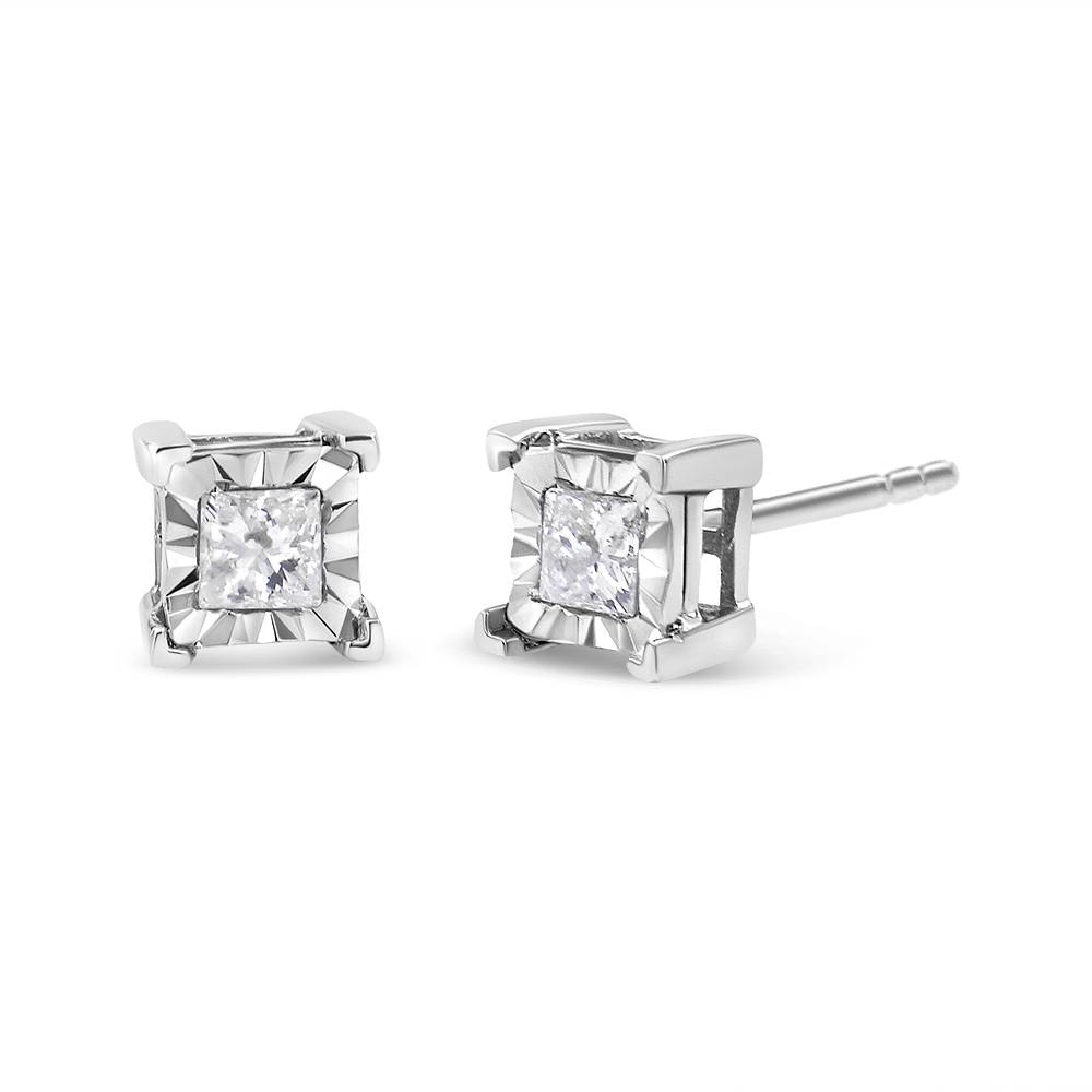 018700EWDM White .925 Sterling Silver 0.66 CTTW Miracle Set Princess-Cut Diamond Solitaire Stud Earrings, I-J Color - SI1-SI2 Clarity