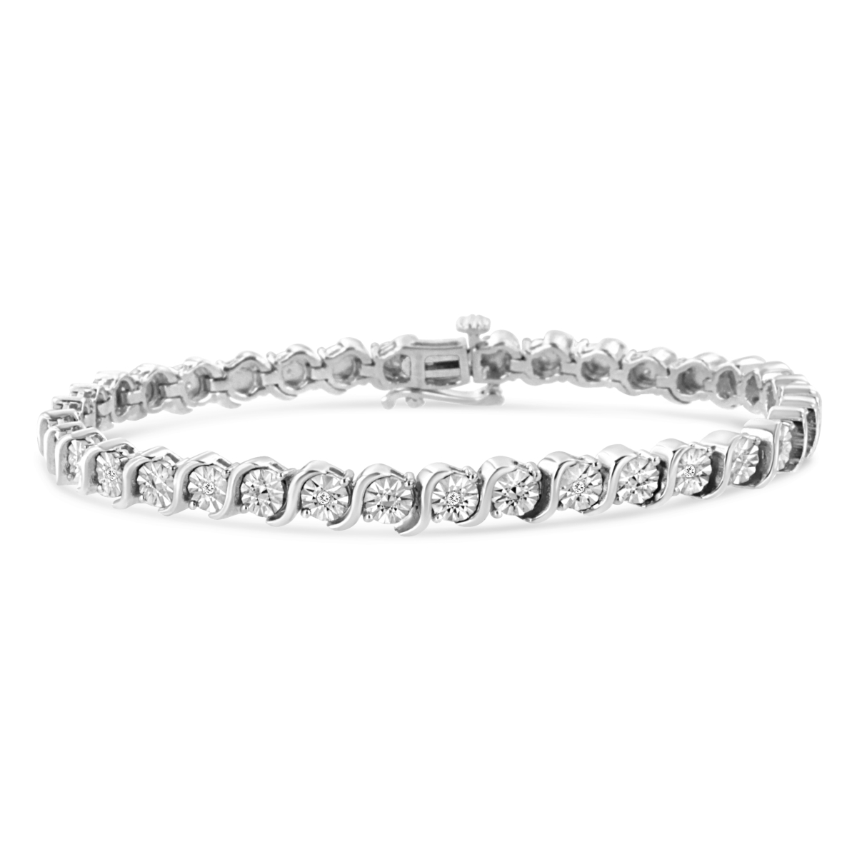 018709B700 White .925 Sterling Silver 0.1 CTTW Diamond Round Miracle Plate & S Link Tennis Bracelet, I-J Color - I2- I3 Clarity - 7 in.
