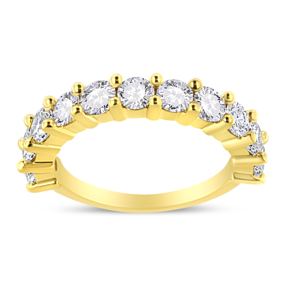 14K Yellow Gold Plated .925 Sterling Silver 2.00 CTTW Shared Prong Set Round-Diamond 11 Stone Band Ring, J-K Color - I1-I2 Clarity - Size 8