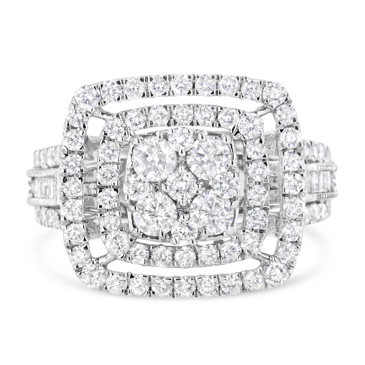 Picture of Infinite Jewels 018763R900 10K White Gold 2 CTTW Brilliant Round-Cut & Baguette Diamond Halo & Cluster Ring&#44; I-J Color - I1-I2 Clarity - Size 9