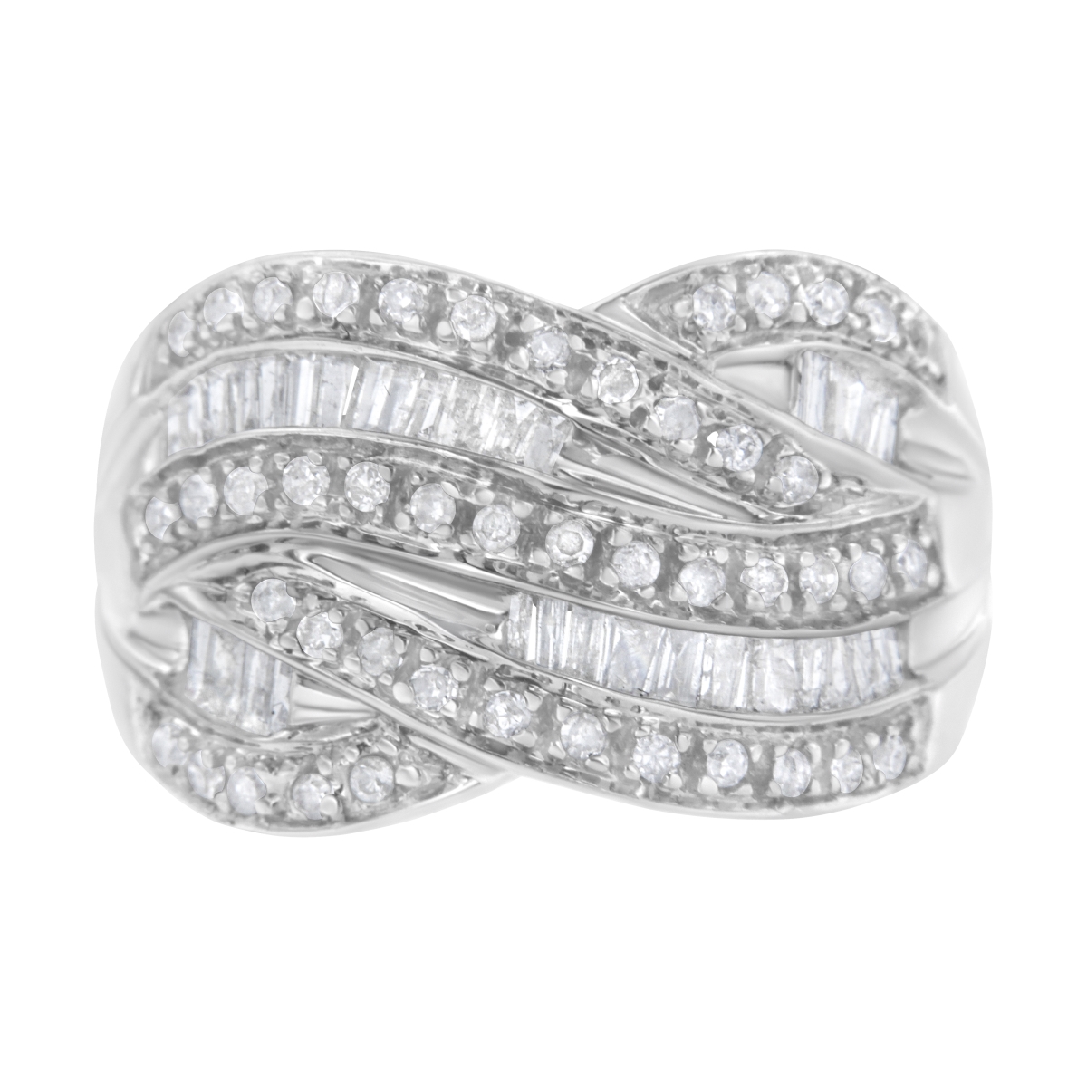 Picture of Infinite Jewels 018909R900 White .925 Sterling Silver 1.0 CTTW Channel Set Alternating Round & Baguette Diamond Cross-Over Bypass Ring Band&#44; I-J Color - I2-I3 Clarity - Size 9