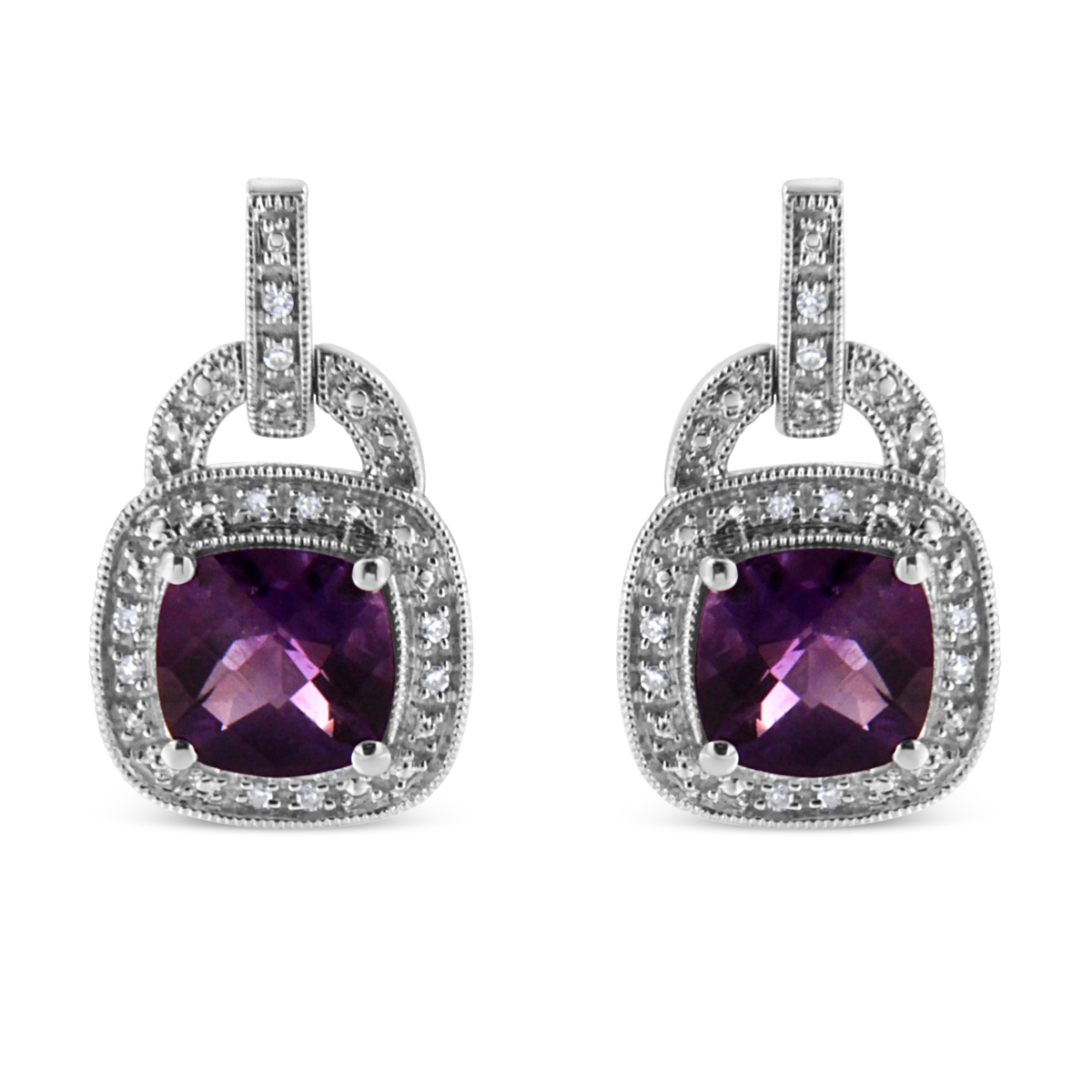 White .925 Sterling Silver 8 mm Natural Cushion Shaped Amethyst & Diamond Accent Halo with Push Back Dangle Earrings, I-J Color - I2-I3 Clarity